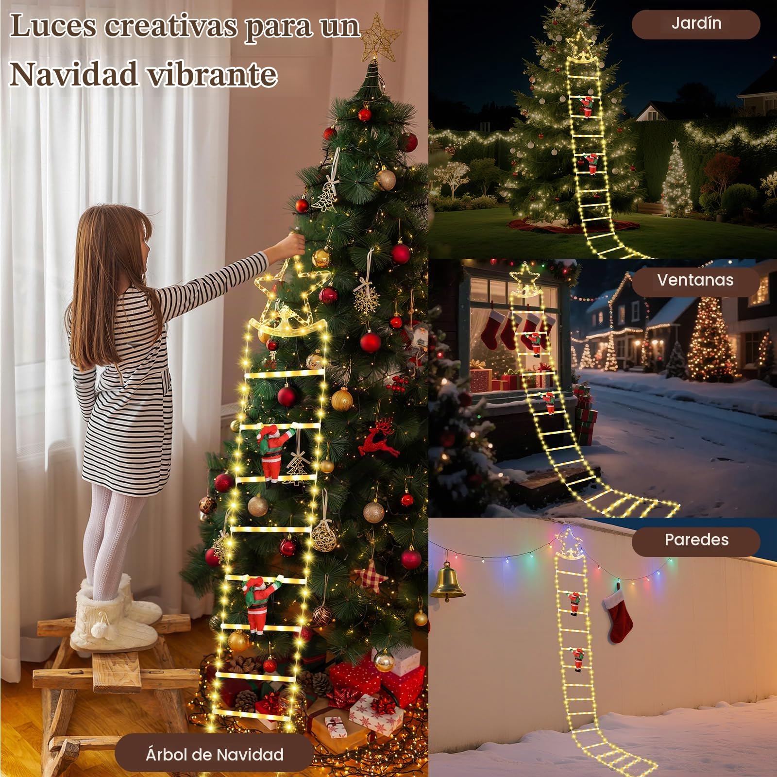 Lewondr Decoraciones Navideñas Luces LED en Escalera, 9,8ft Luz Decorativa Navideña con 2 Papá Noel, 8 Modos Control Remoto, 298 LED Luz para Árbol de Navidad Ventana Interior Exterior, Blanco Cálido