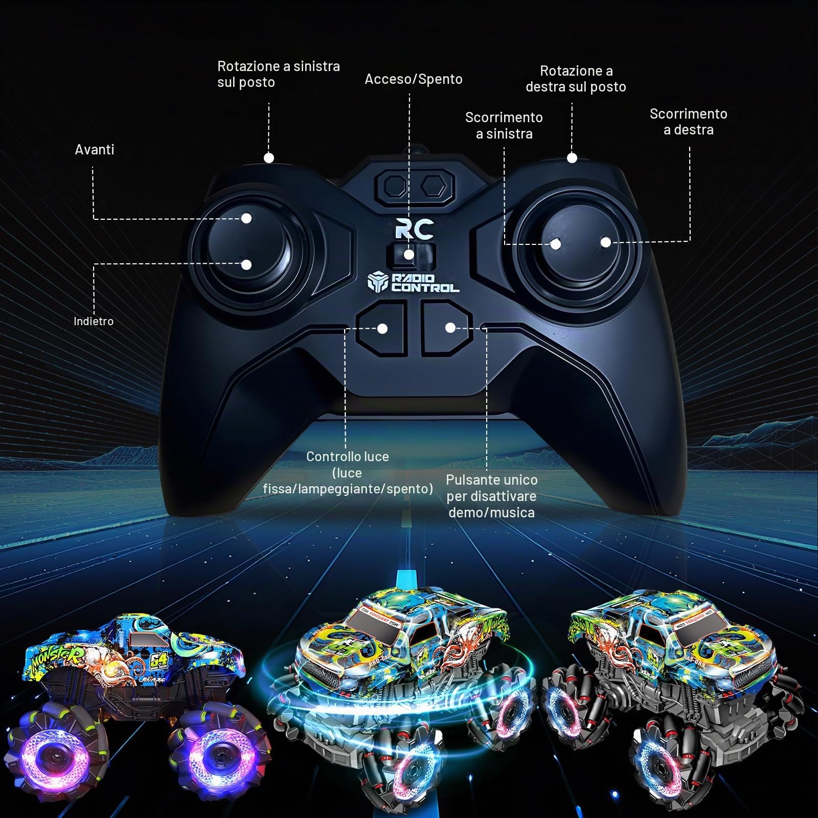 Monster truck telecomandato con luci, musica e rotazione a 360°