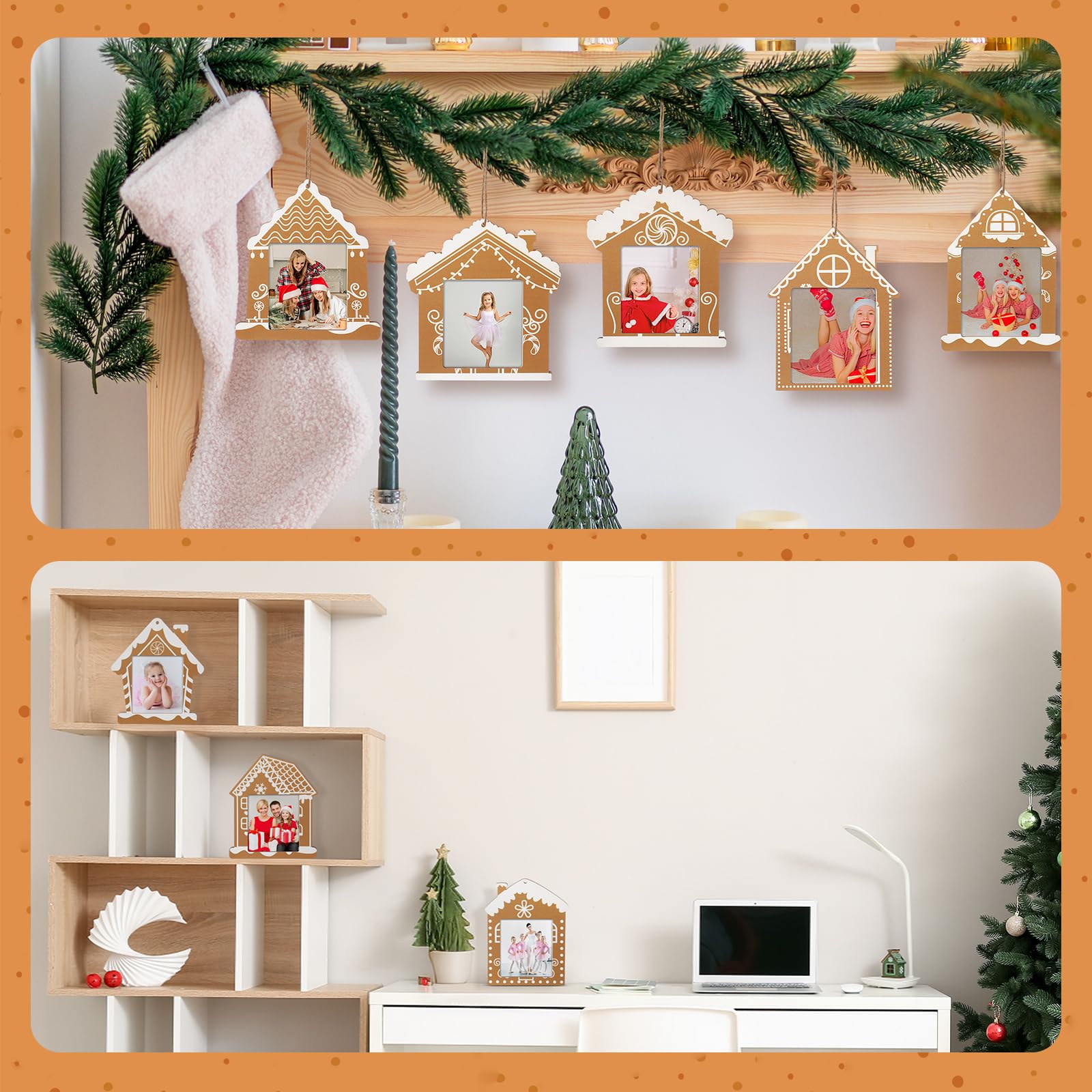 Namalu 8 Pcs Mini Gingerbread House Picture Frame Ornament Wooden Christmas Frame Hanging Ornaments Xmas Photo Frames for DIY Holiday Presents and Tree Decoration - Image 3