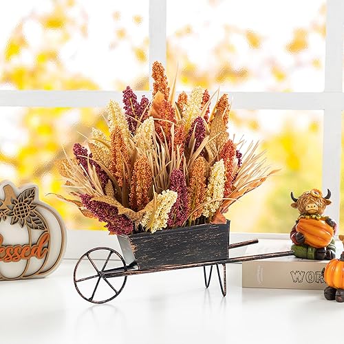 Glitzhome Centro de mesa floral de cosecha de otoño de 15 pulgadas de alto, decoración de mesa de otoño con arreglo de sorgo multicolor para fiesta