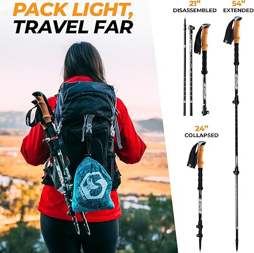 Miniatura 3 de Foxelli Bastones de senderismo de fibra de carbono  Bastones de senderismo plegables ligeros absorbentes de golpes con agarres de corcho natural