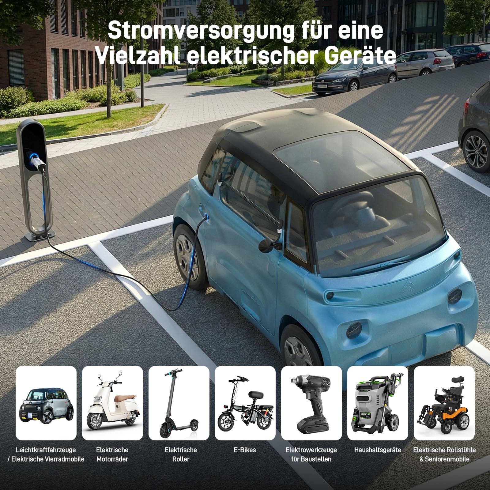 Typ 2 auf Schuko Adapter für Ladestation & Wallbox (230 V, 16 A, 3,68 kW, IP44) | Typ 2 Stecker auf Schuko-Steckdose für E-Bike, E-Scooter, Motorrad & Elektrorollstuhl (Nicht für V2L)