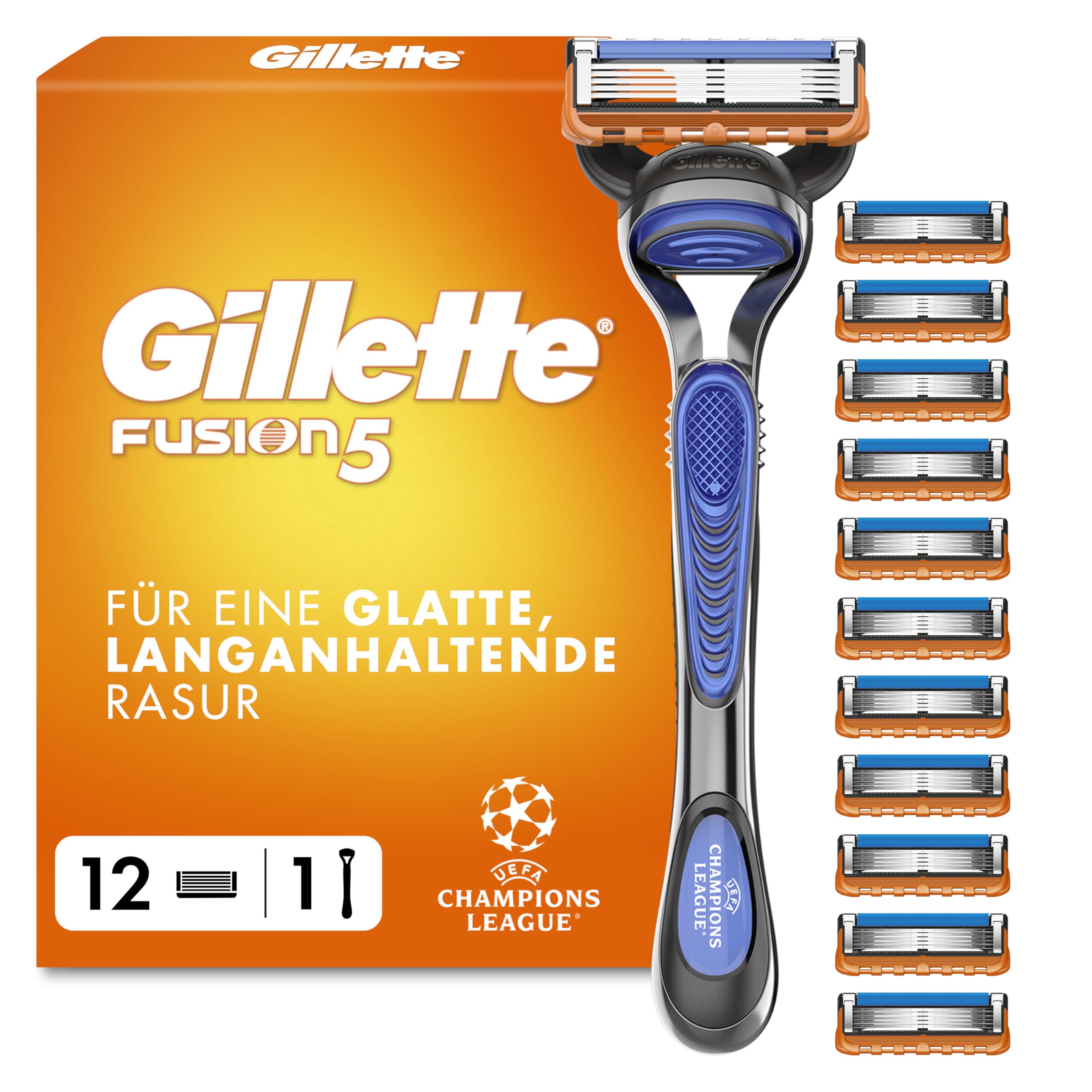 Gillette Fusion5 Rasierer Herren, UEFA Champions League Special Edition — Inkl. 1 Nassrasierer, 12 Ersatzklingen mit Gleitstreifen und 5 Klingen für Eine Gründliche, Langanhaltende Rasur — Blau