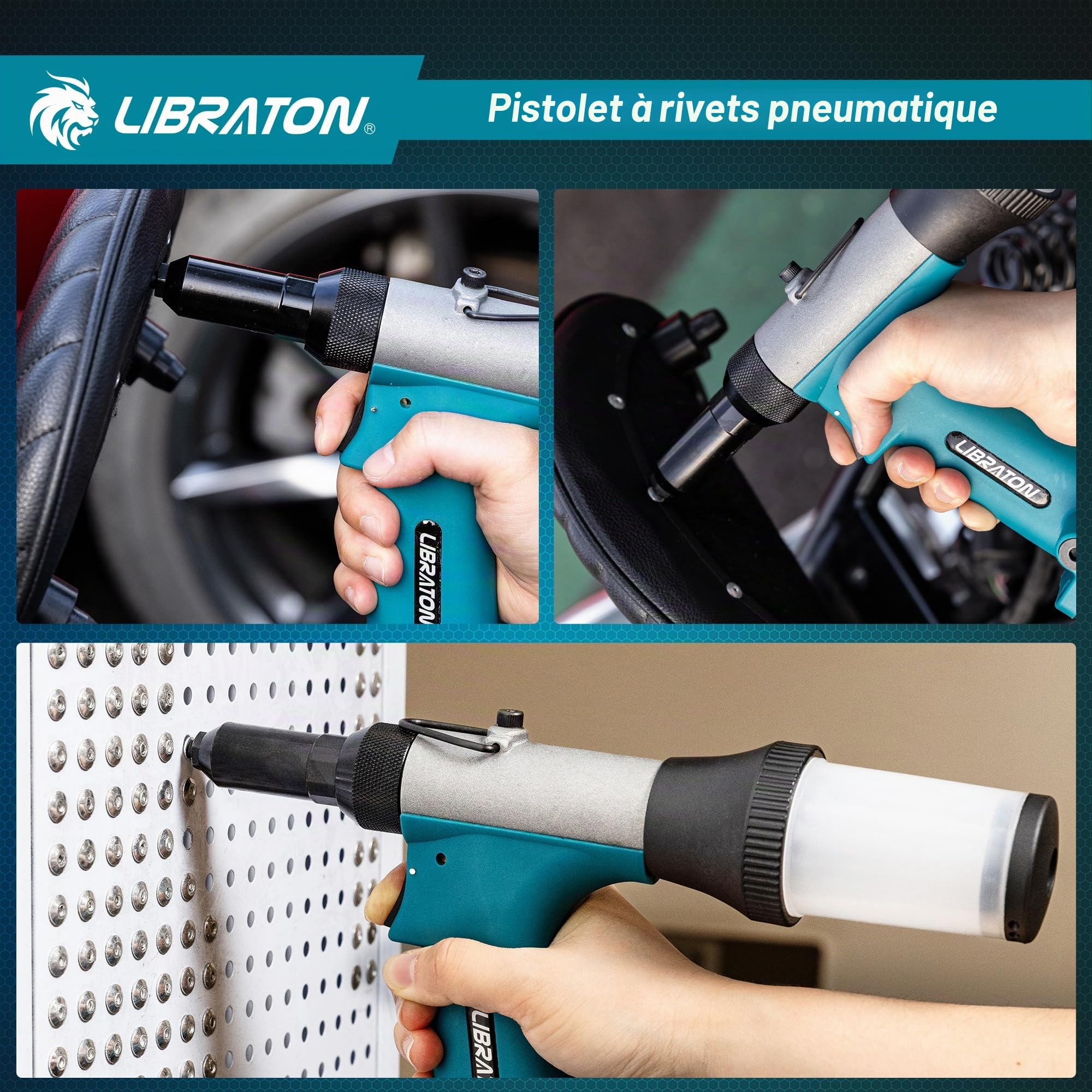 LIBRATON Riveteuse Pneumatique, Pistolet à Riveter Pneumatique Robuste avec 200 Rivets 2,4 mm 3,2 mm 4,0 mm 4,8 mm, Pince à Rivet Pop à Air Hydraulique pour Réparation, Conception Auto-Aspirante