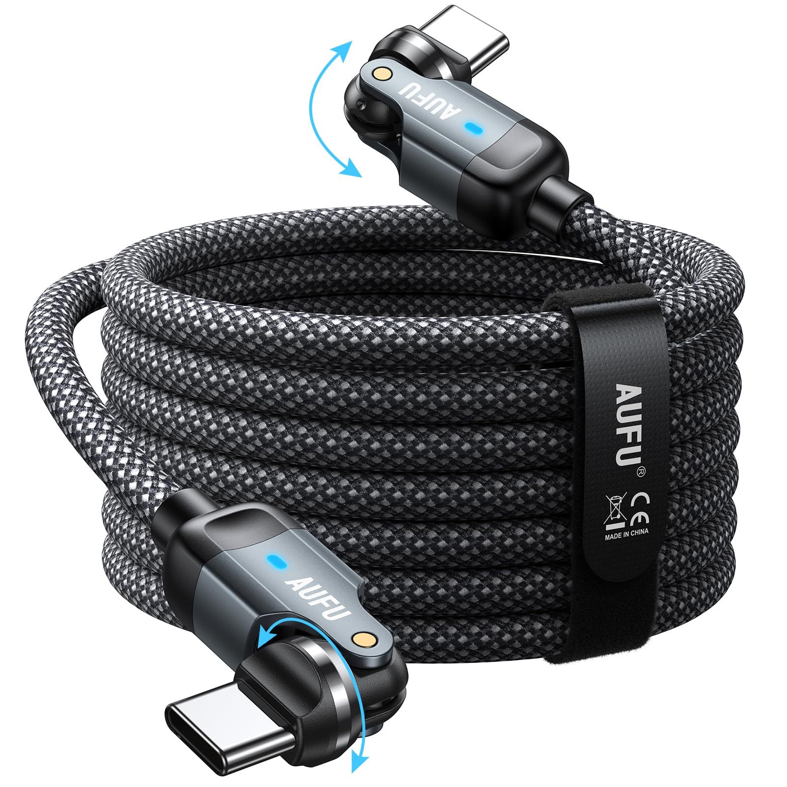 AUFU USB C & USB C ケーブル 長い 両端540度回転 3M 60W タイプ c ケーブル L字 PD3.0対応 USB2.0/480Mbpsデータ転送 ナイロン編み 断線防止 1Phone17/16/15/Pad/Mac-Book Pro/Galaxy/S24/Matebook/1Pad/Xperia/9a