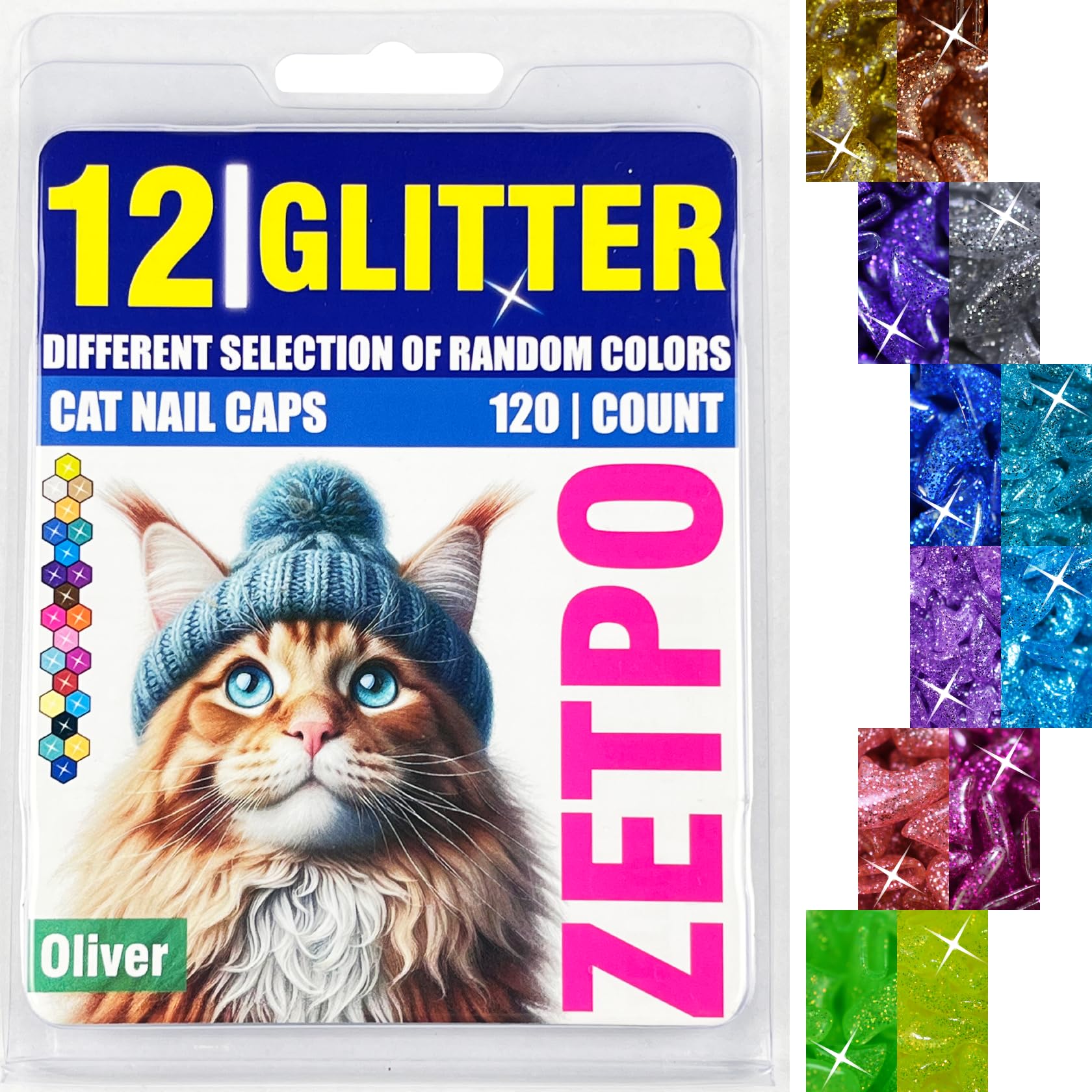 zetpo Glitter Cat Nail Caps | Cat Claw Covers | with Adhesives and Applicators (12x Glitter | 120 pcs, XS)