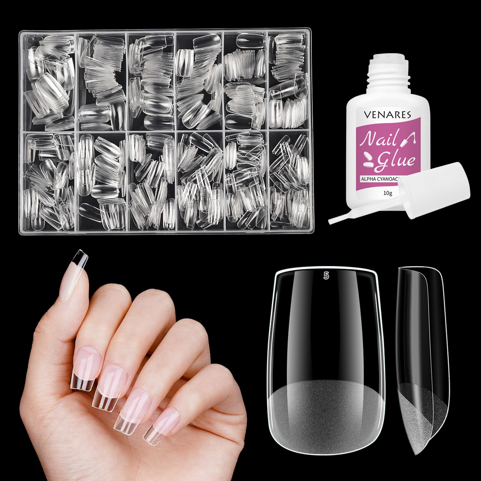 Square Short Nail Tips, Venares 500 Pcs Half Matte Soft Gel Tips for Acylic Extensions Pre-buff Clear False Nails