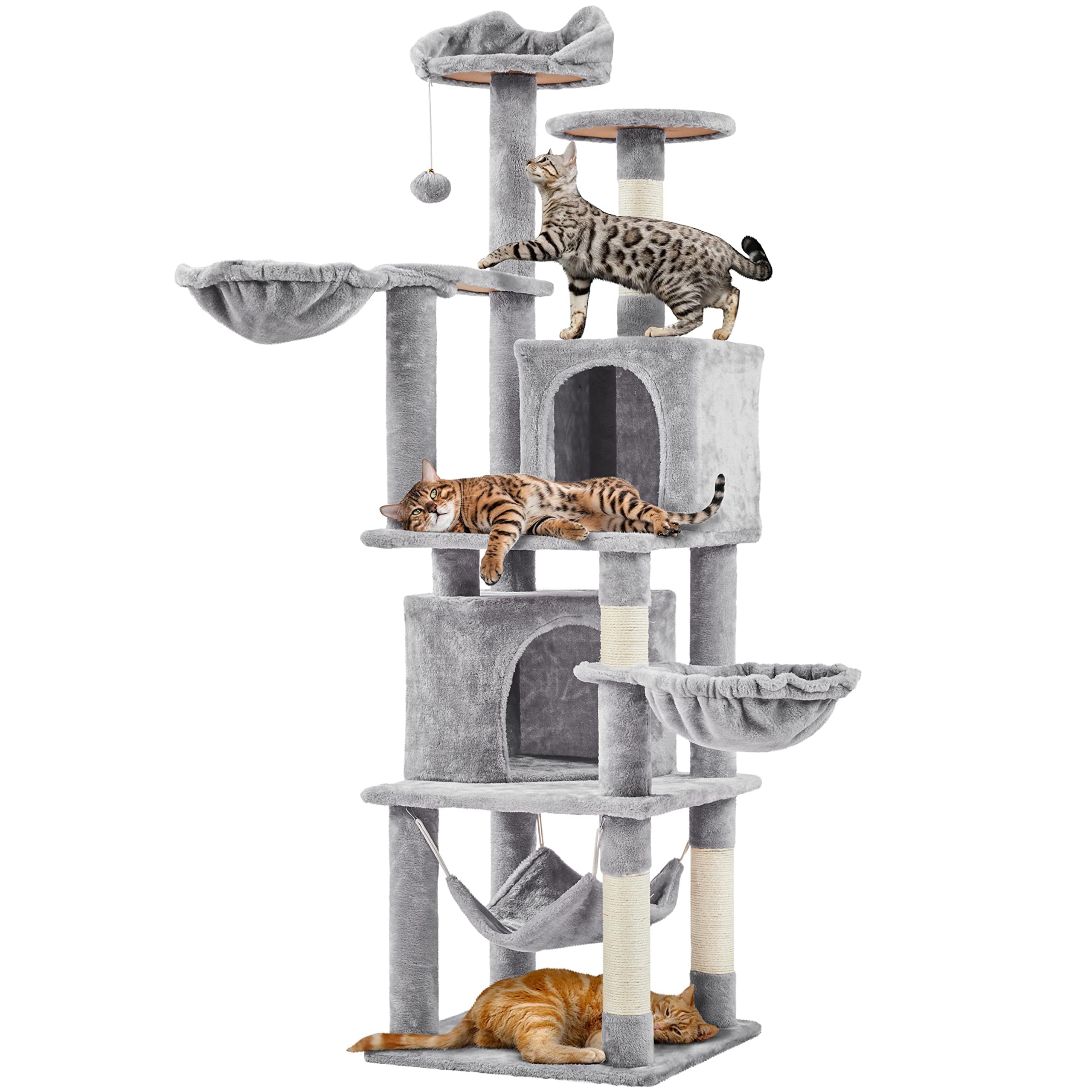 Yaheetech Albero Tiragraffi per Gatti 174,5 cm in Truciolato e Corda in Sisal con Condomini Posatoi e Ceste per Relax e Pisolini Multilivello Altezza Grigio Chiaro