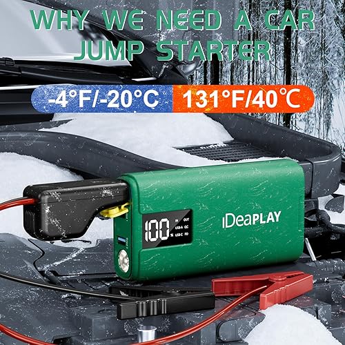 Miniatura 5 de IDEAPLAY J10 Jump Starter, batería de coche de 2000 A 12 V arrancador portátil para hasta 8.0L de gas y 7.0L motor diesel, caja de salto con cables