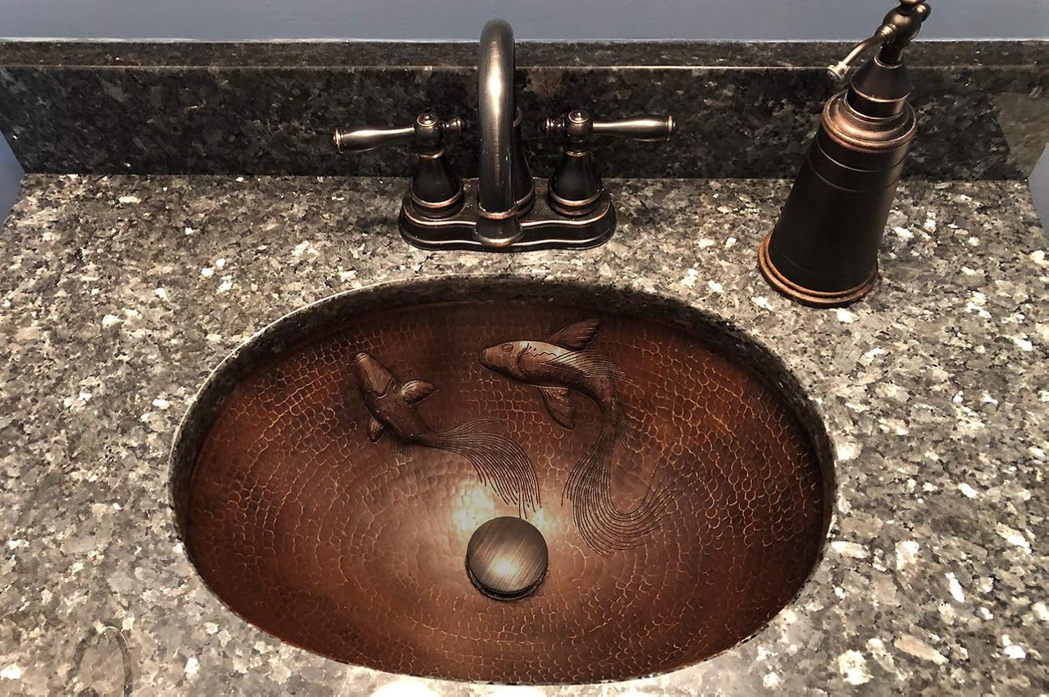 19" Oval Hammered Copper Undermount Sink with Koi Fish Design