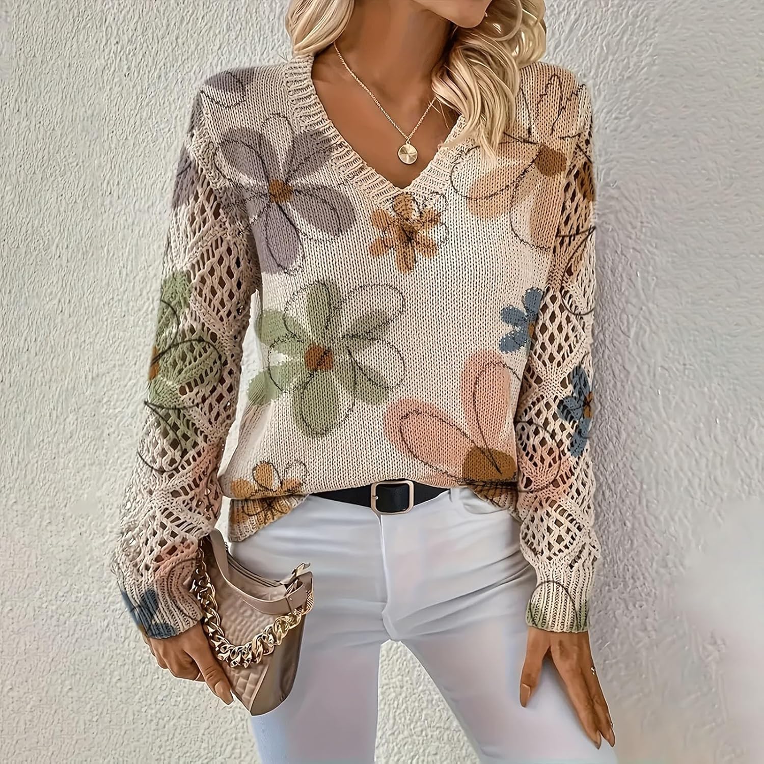 Vintage Fall Sweaters for Women 2025 Long Sleeve V Neck Knit Sweater Y2k Floral Print Casual Trendy Pullover Tops - Image 2