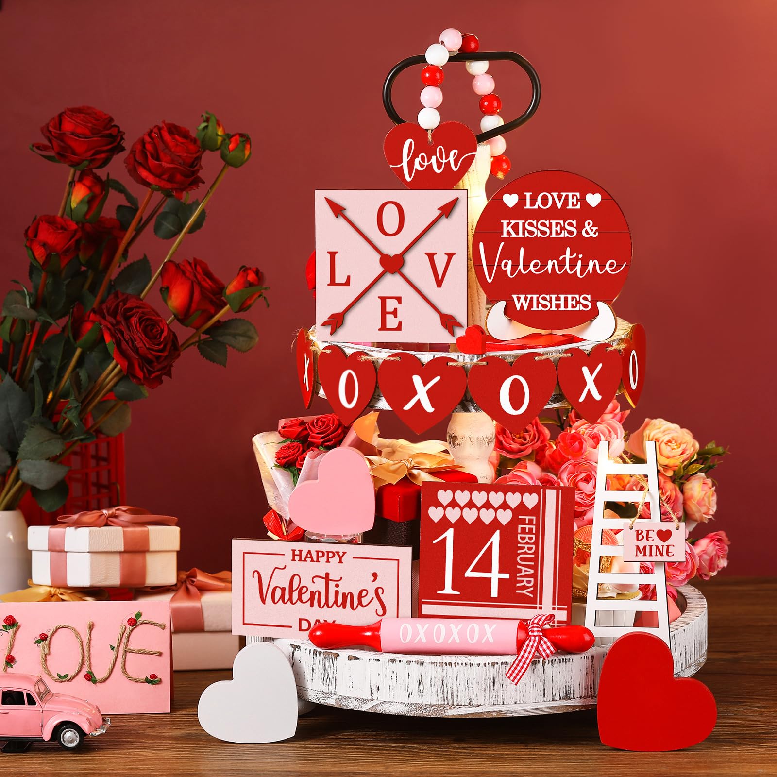 Spiareal 15 Pcs Tiered Tray Decor Set Red Heart Wooden Signs Table Decorations Farmhouse Decorative Trays Signs for Tabletop(Red, Pink)