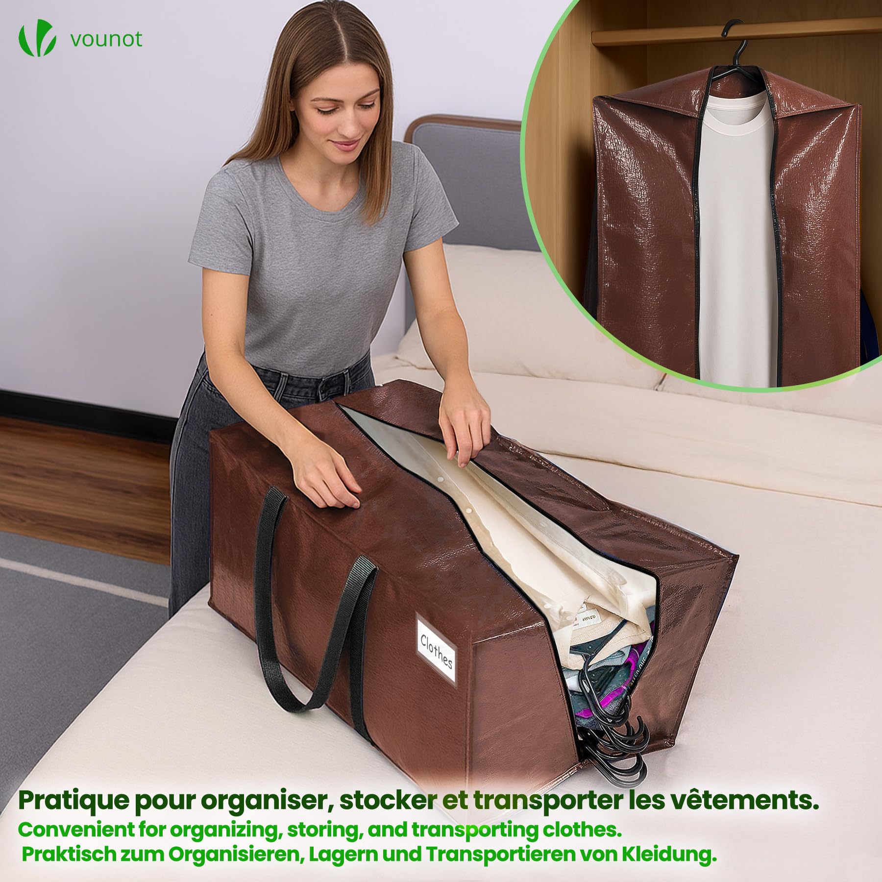 VOUNOT® Pack de 10 Bolsas de Mudanza Grandes con Asas y Correas de Mochila, Bolsas de Almacenamiento Resistentes para Guardar Ropa y Embalar, Marrón