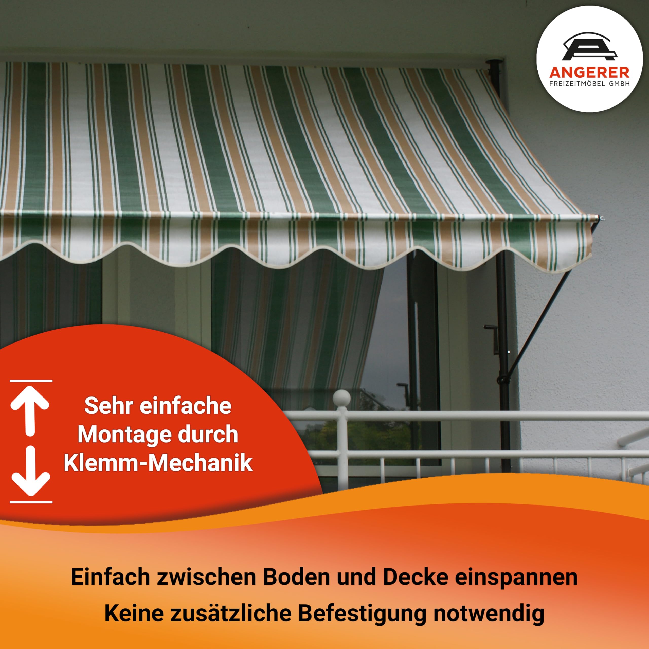 Angerer Klemmmarkise Standard mit Handkurbel, Terrasse/Balkon, einfache Montage ohne Bohren, Made in Germany, Kunststoff-Bezug, UV-beständig, höhenverstellbar, wasserabweisend, 300 cm Orange