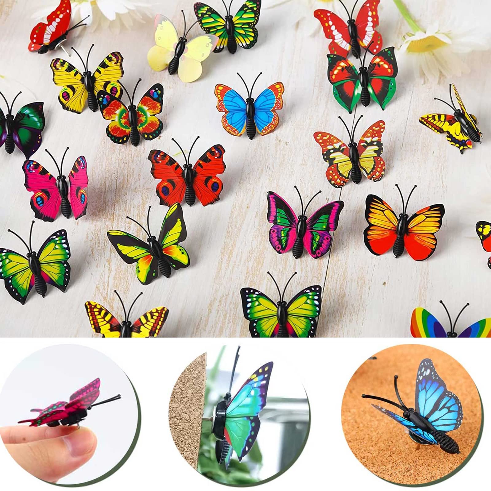 Pinezki, 50 sztuk kolorowych pinezek 3D motylki, dekoracyjne pinezki, urocze pinezki do obrazków na tablicę korkową, pinezki do tablicy korkowej, czarnej tablicy, mapy, ściany, kalendarza, zdjęć