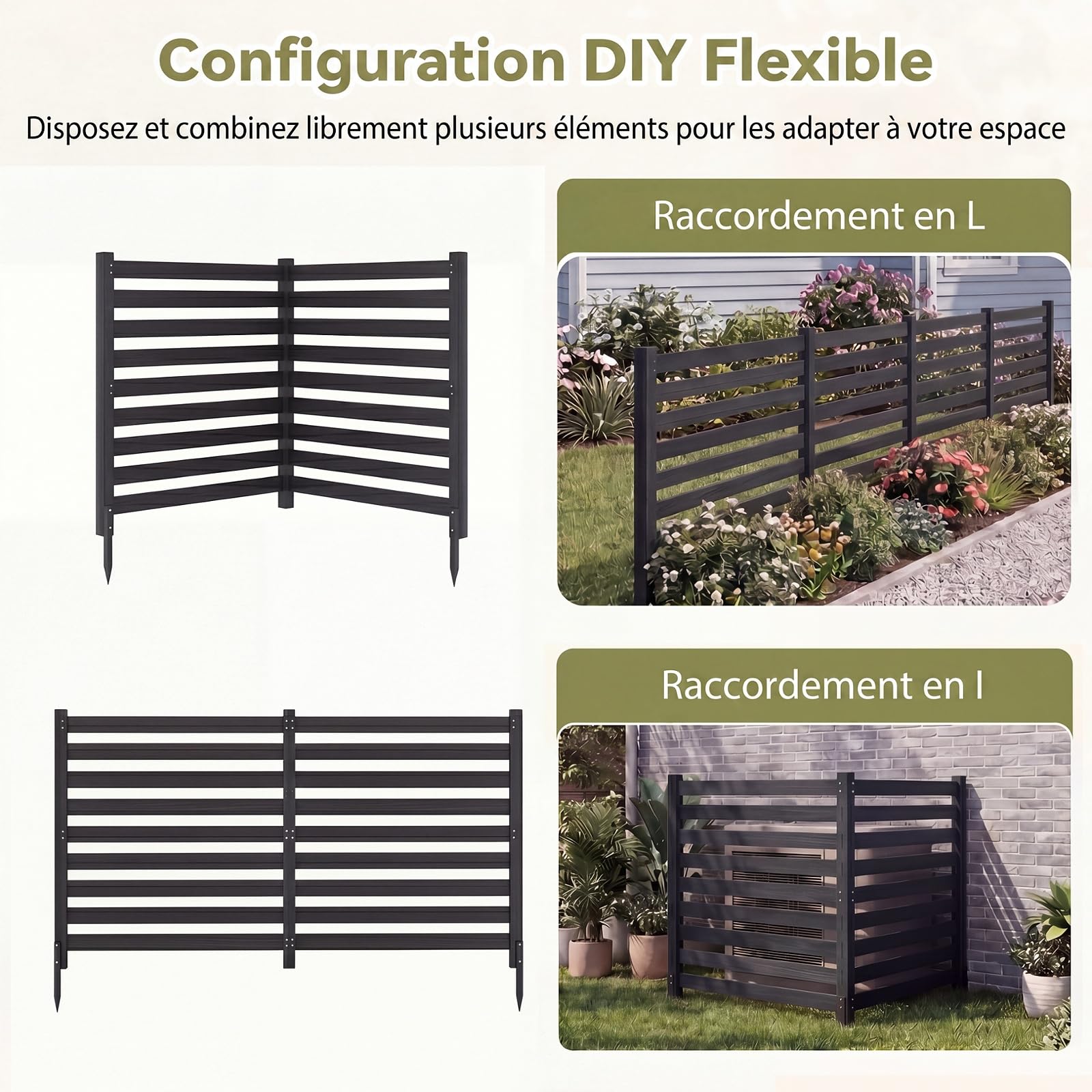 GYMAX 2 Panneaux Clôture de Jardin Modulable, Palissades en Bois, 98 x 107 CM, Barriere Jardin à Lattes Modulable en Bois de Sapin, pour Balcon, Terrasse et Parterre de Fleur Bordure (Noir)