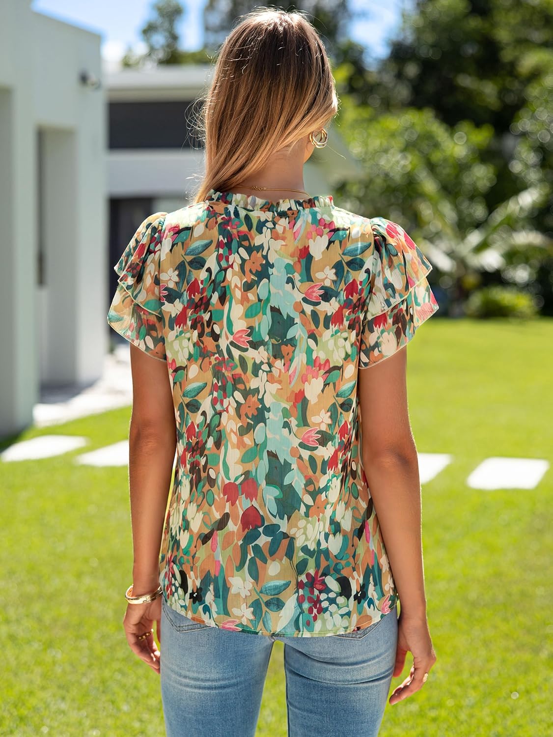 Simplee Women Dressy Casual Blouses Summer Chiffon Floral V Neck Boho Ruffle Short Sleeve Work Business Loose Tops Shirt - Image 4