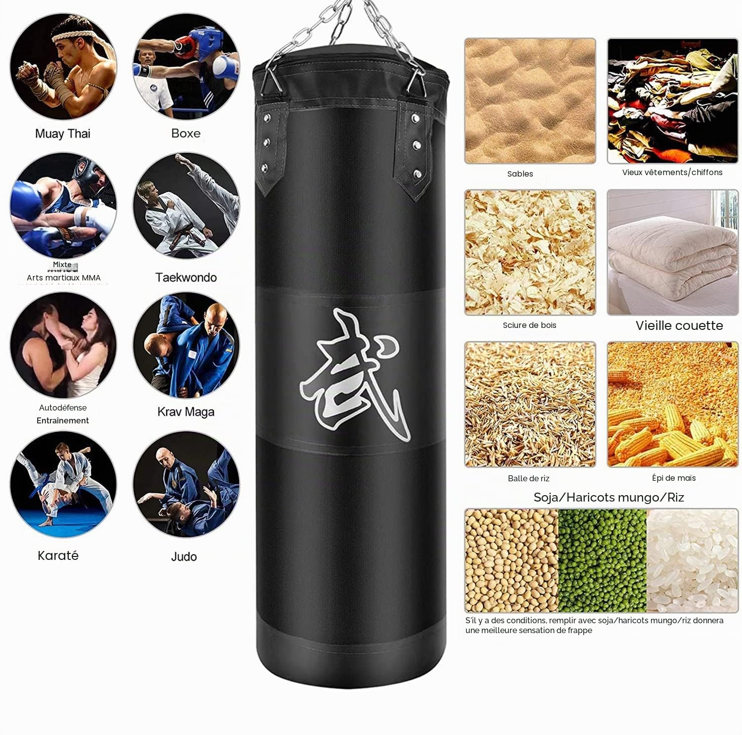 Sacs de Frappe Kit, Sac de Boxe Non-Rempli pour Enfan Adultes avec Bandage de Boxe, chaînes et Crochet, Formation pour Kickboxing MMA Muay Thai Karate Taekwondo