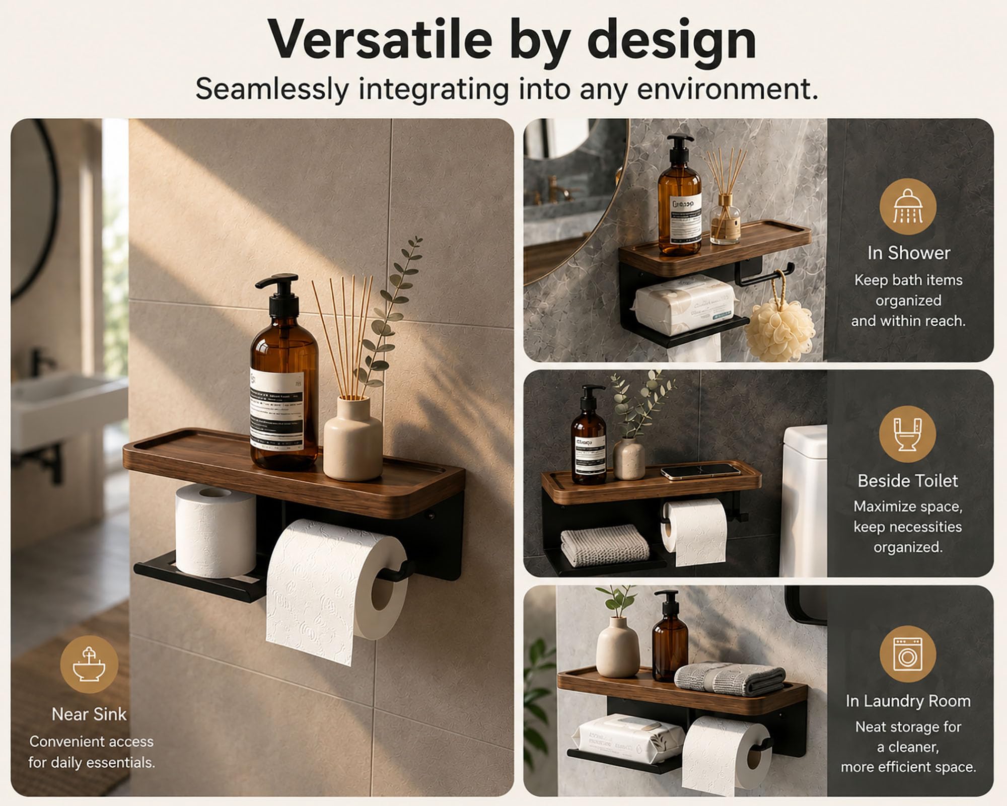 Toilet Paper Holder with Wide Walnut Shelf, Wall Mount Matte Black — Amazon image 5