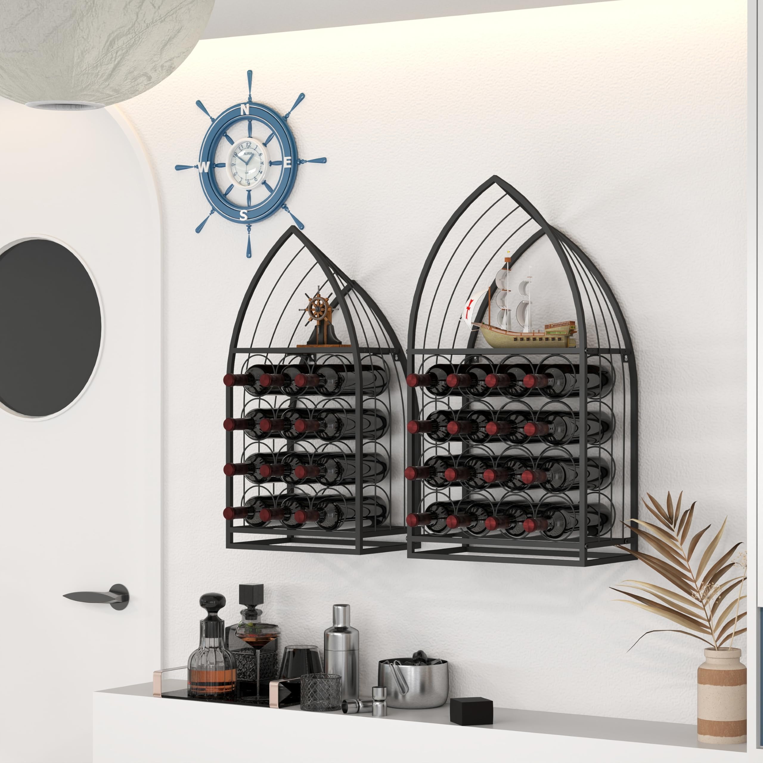 espidoo Sailboat Wine Cabinet Rack: 2-Piece Nautical Display Stand - Black Iron Freestanding Storage for Bottles & Spirits - Home Bar Kitchen & Dining Room Decor