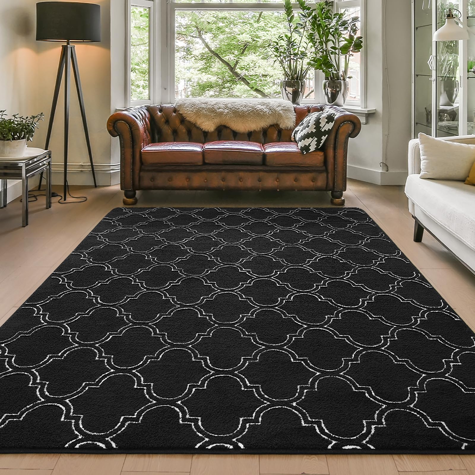 Amearea Fluffy Indoor Trellis Rug, Soft Moroccan Home Rugs for Bedroom, Shag Modern Area Rug for Living Room Kids Room Nursery, Easy Clean, Home Decor Low Pile Carpet, Black 4x6 Feet