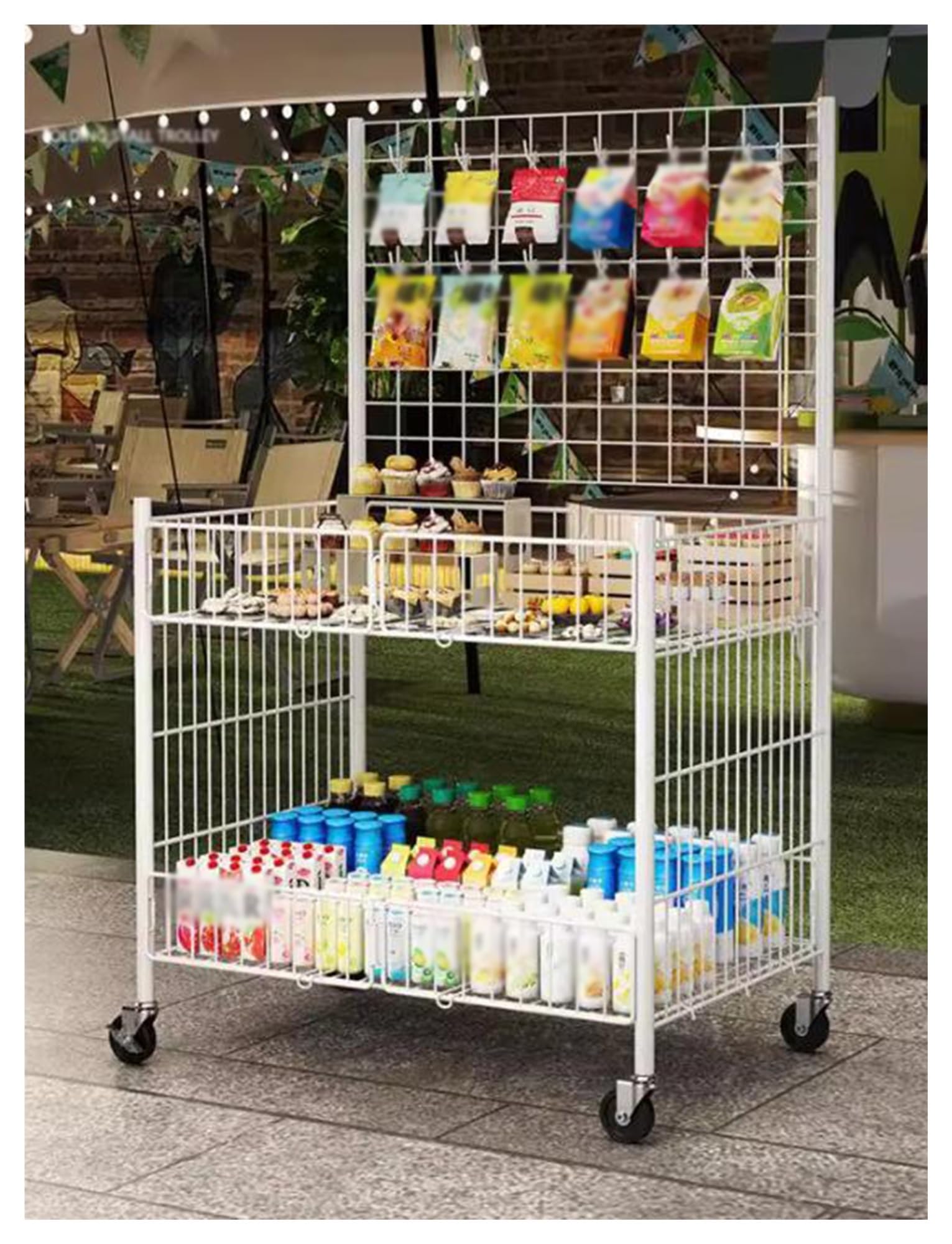 DFGHNBVC Collapsible Market Stall Display Stand With Wheels, 2-Tier Mesh Design For Street Food And Farmers Market,Milk-80X55X130Cm