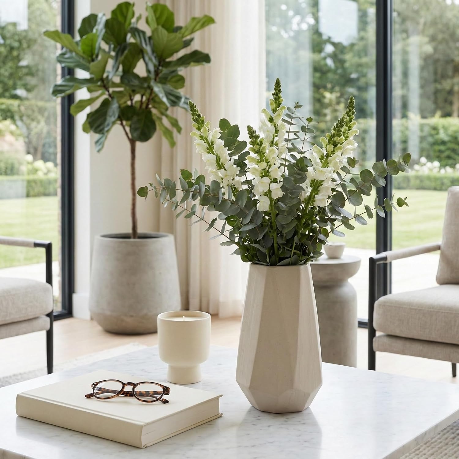 Contemporary Angular Vase for Living Room Decor - Minimalist Flower Vase for Bedroom, Office Spaces, or House Display - Decorative Home Decor Accent for Entryway Table Centerpiece - 11", White