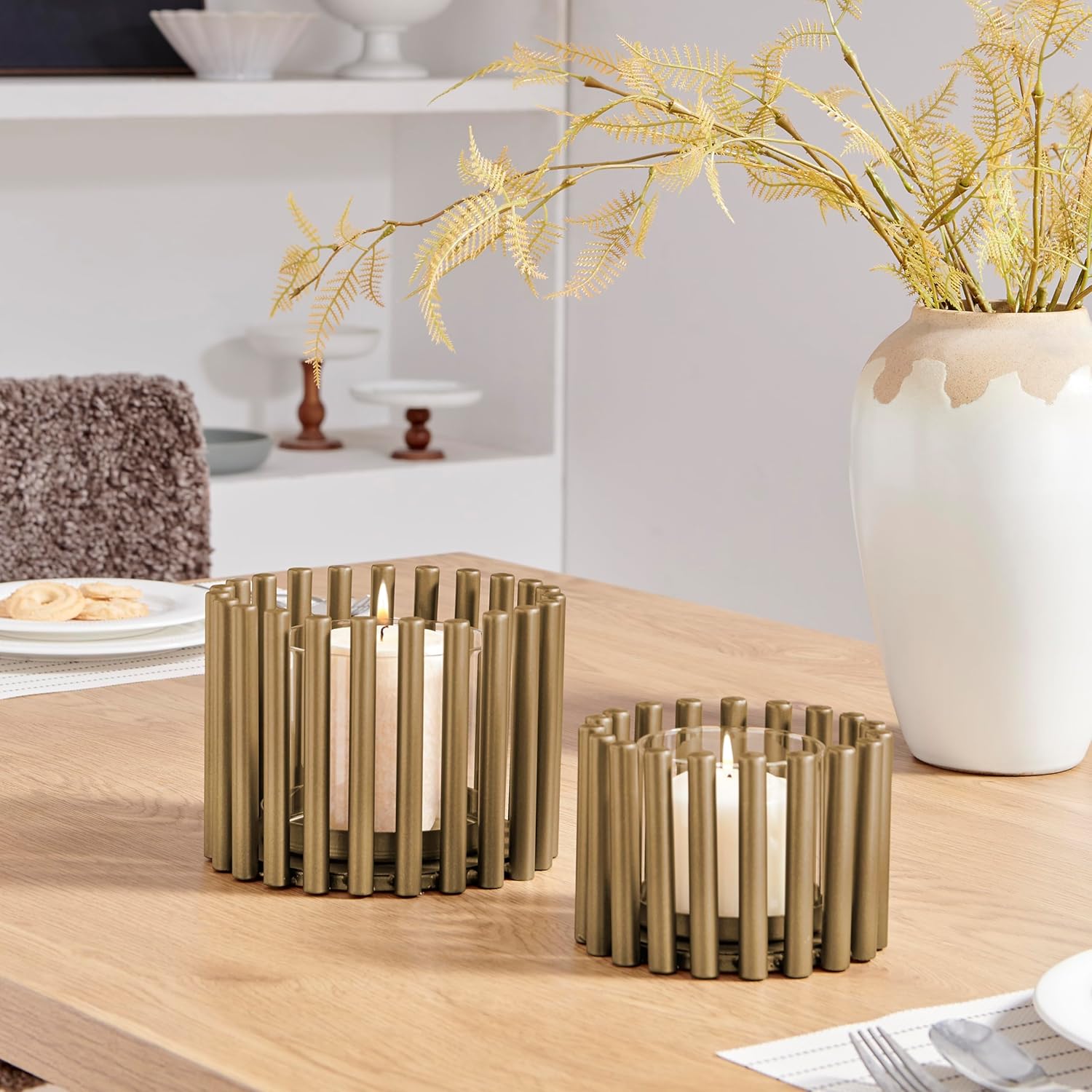Danya B. Pela Pillar Ring Warm Gold Midcentury Modern Votive Hurricane Candle Holders - Set of 2, Gold, Clear