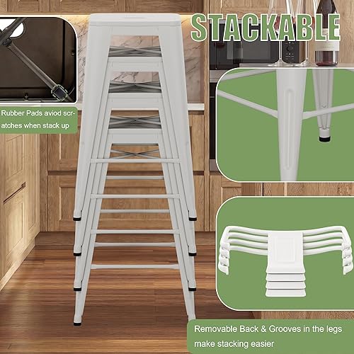 Miniatura 6 de Yongchuang Juego de 4 taburetes de bar de metal, taburetes de bar de 26 pulgadas, color blanco crema con respaldo de cocina, sillas de bar de altura