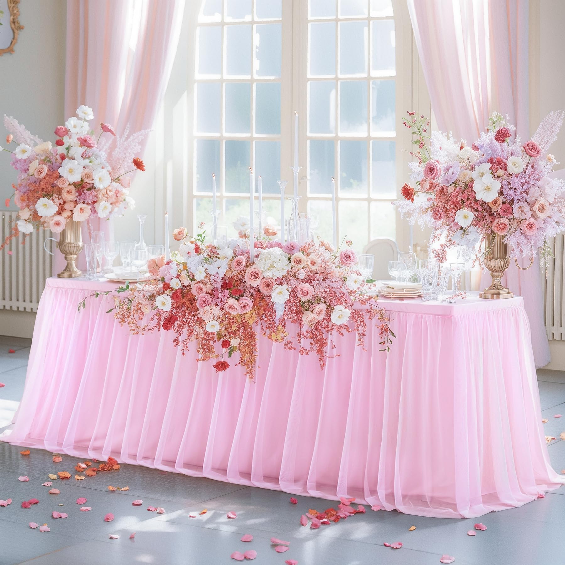 6FT Pink Tulle Table Skirt For Rectangle Or Round Tables Pink Tutu Table Skirt Lights Baby Shower Ruffle Tulle Tableskirt Princess Girl Birthday Party Cake - View #4