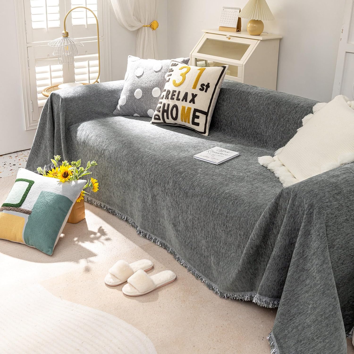 VClife Bohemian Chic Texture Sofa Cover Vintage Farmhouse Gray Couch Cover for 3-4 Cushion Couch, Washable Decorative Furniture Cover with Fringe Edge Chenille Slip Cover 71"X150"