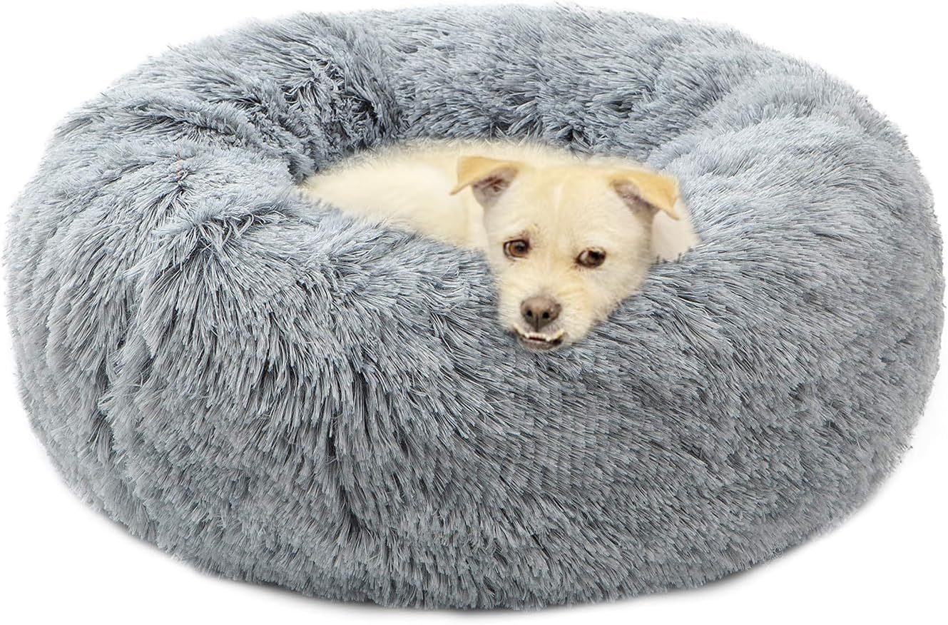 Donut Bed Medium Size Dog, Calming Soft Round Cuddler Dog Beds Fluffy Plush Faux Fur Pet Beds (24", Grey)