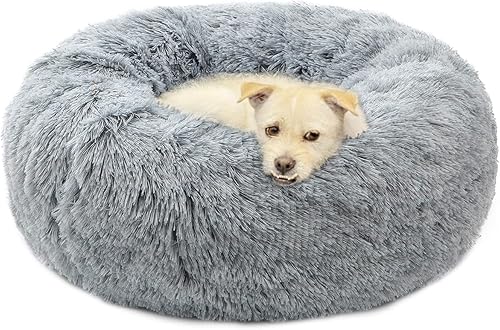 Camas para mascotas, cojín redondo de dona para perro, cama de piel sintética suave y calmante, cama afelpada para gato suave y cómoda