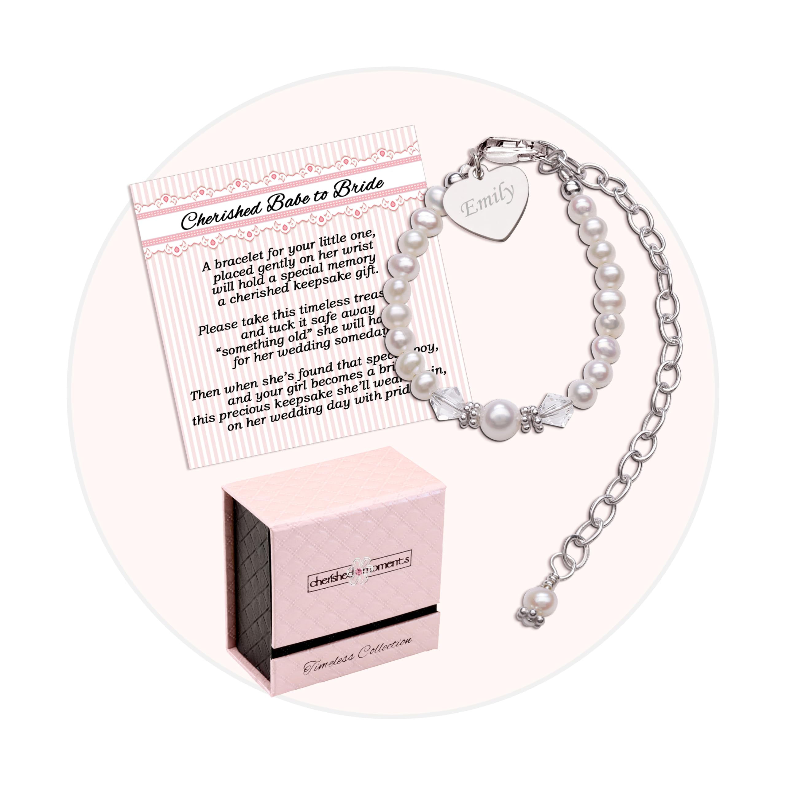 Cherished Moments Personalized Cherished Babe to Bride Keepsake Bracelet with Engraved Heart in 925 Sterling Silver and Cultured Pearls for Baby Girl
