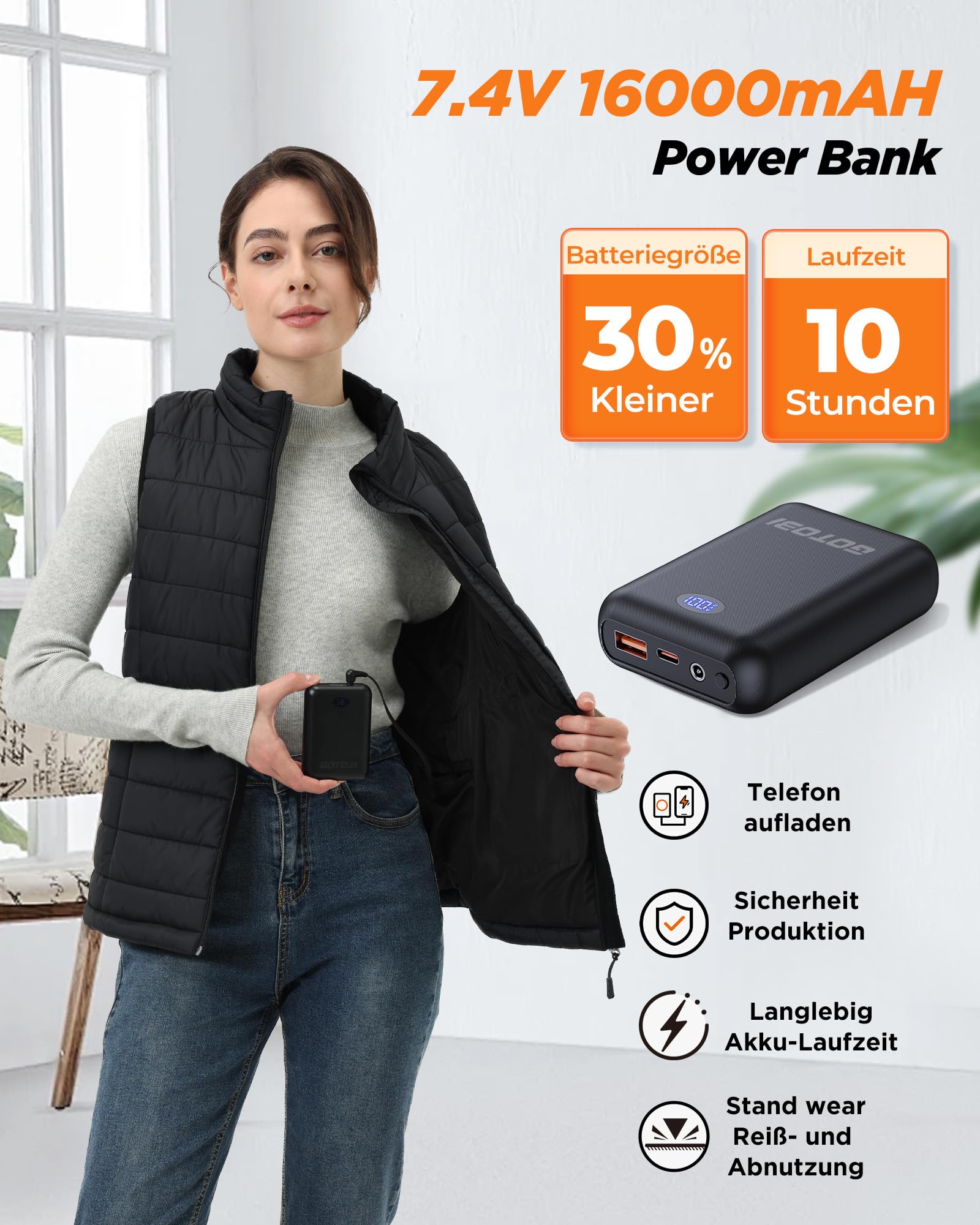 Heizweste Damen mit 16000mAh 7,4V Powerbank - Beheizbare Weste mit 9 Heizzonen und 3 Einstellbaren Temperaturen,Beheizte Weste, Outdoor-Arbeit Beheizbare Jacke