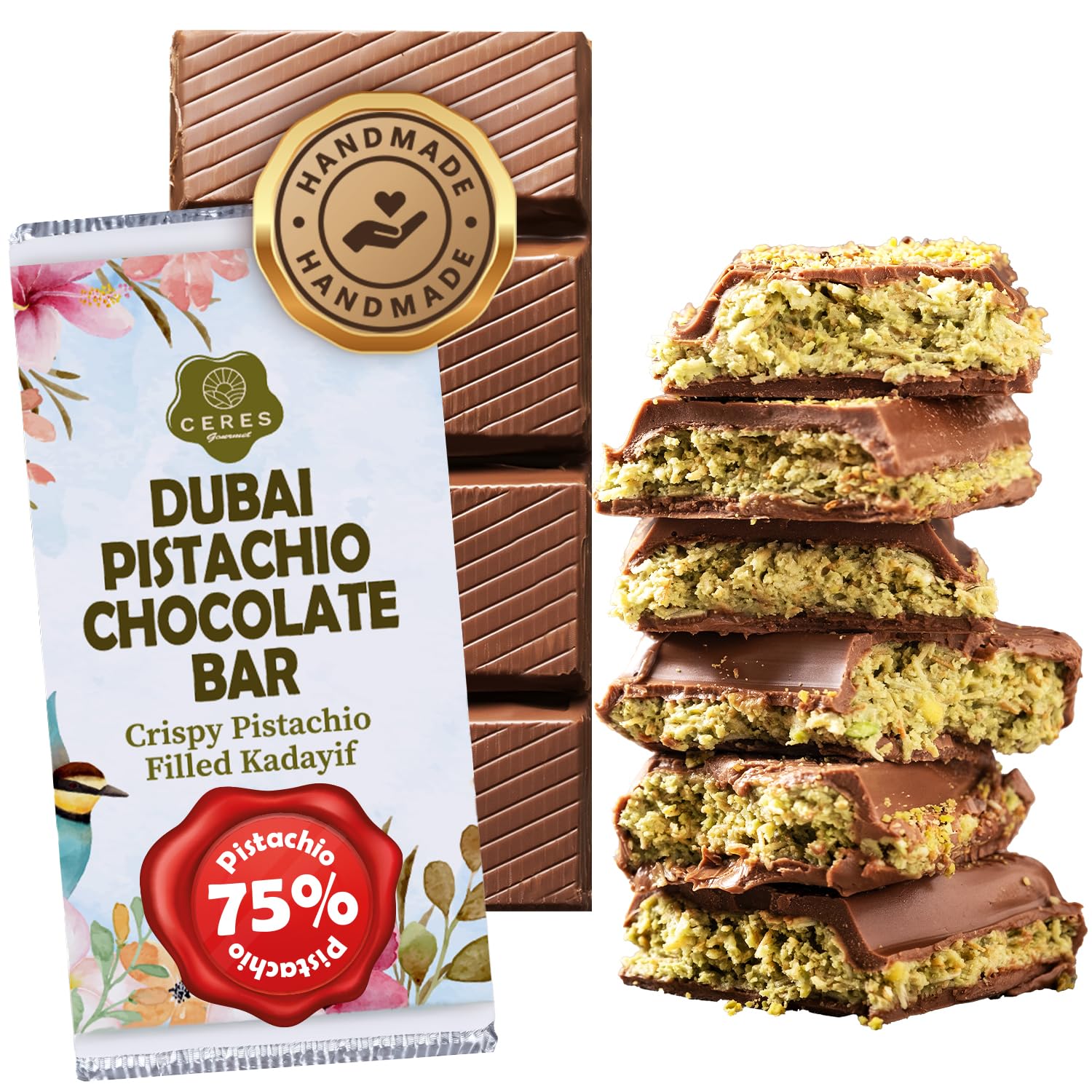 Dubai Chocolate Kunafa Pistachio Bar – 7oz | Handmade Luxury Dessert with Crunchy Kataifi & Creamy Filling, Gift for Any Special Occasion, 75% Pistachio