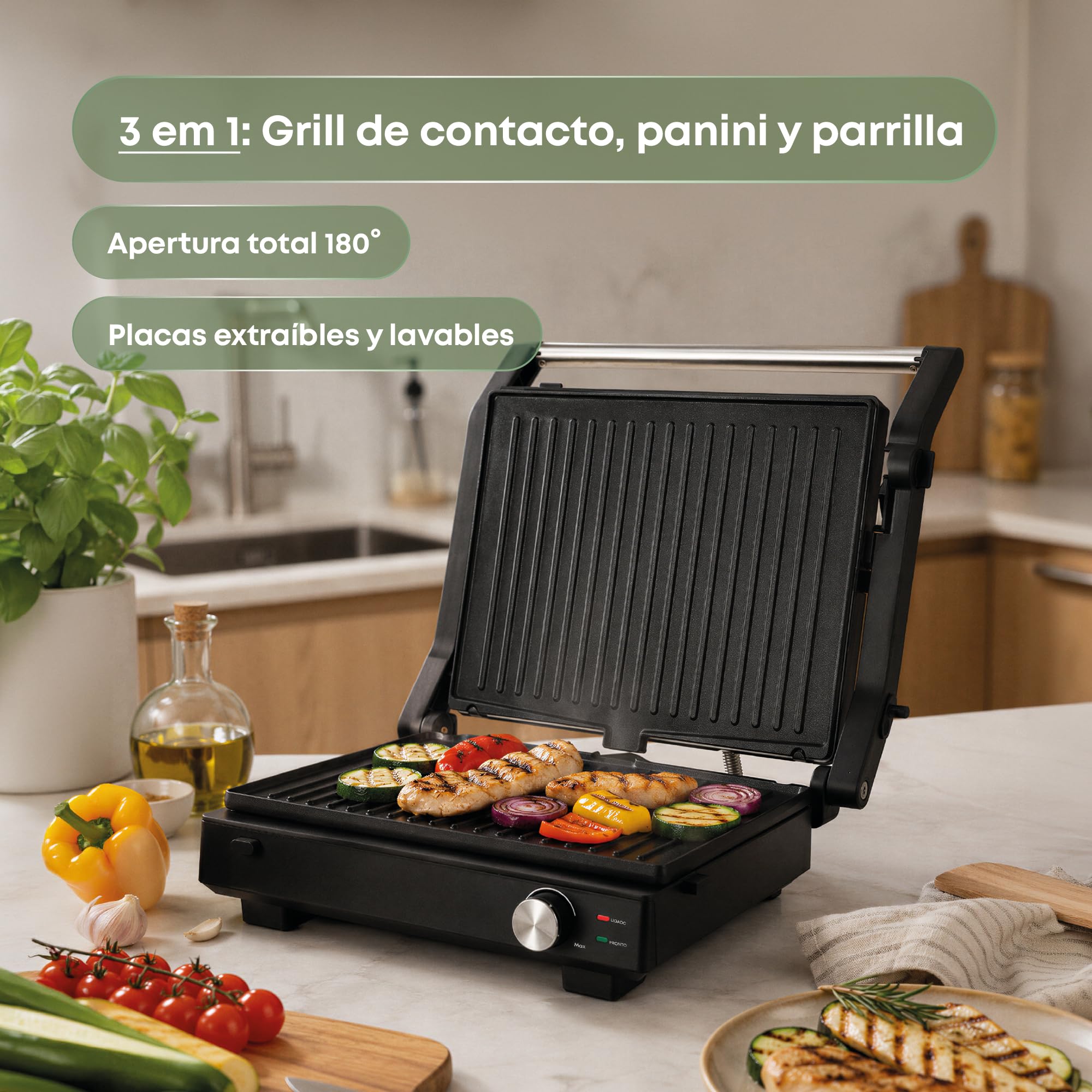 Hoffen Grill de Contacto 3 en 1, 1334 cm2, Placas Lavables Antiadherentes
