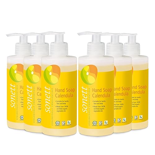 Sonett Jabón de manos orgánico Caléndula Líquido Cuidado corporal adecuado para manos, cara y cuerpo (6 unidades) Certificado Cultivado Orgánicamente