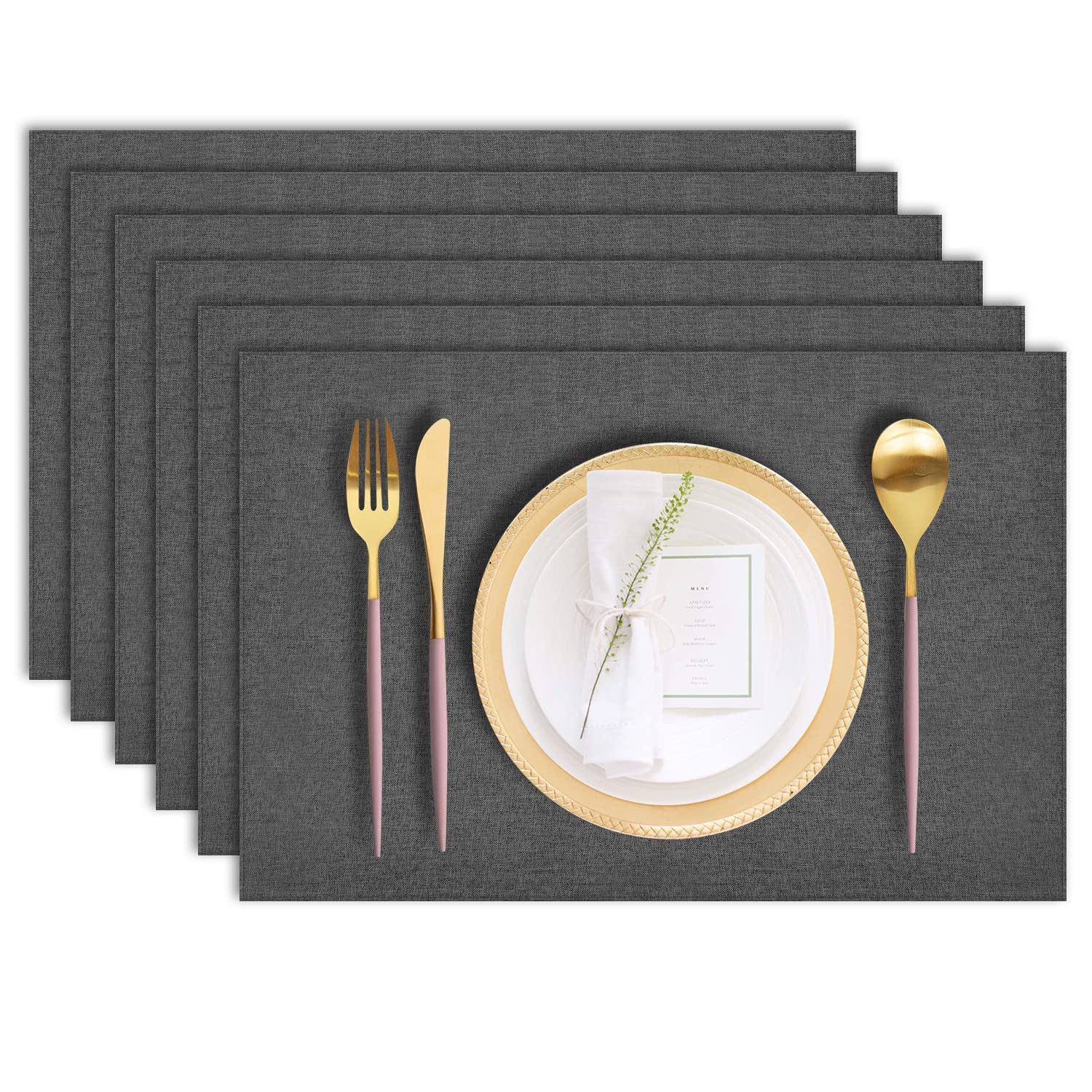 LANDVIEWCloth Placemats Set of 6, Cotton Linen Blend Machine Washable Durable Linen Table Mats, Heat Resistant Placemats Wrinkle Free Place Mats for Dining Table, Easy to Clean (Dark Grey, 6)