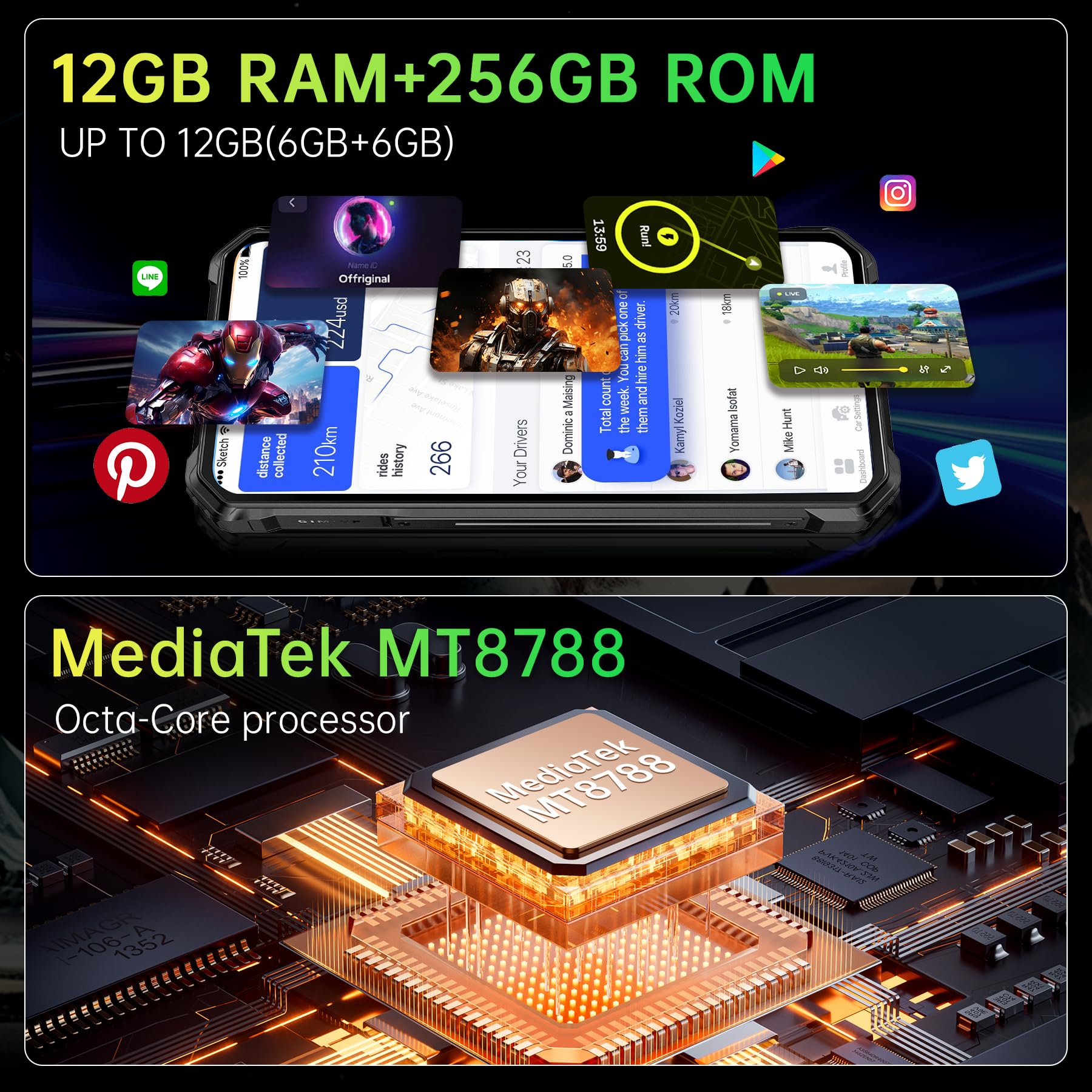 OUKITEL WP38 Rugged Smartphone 2024, 10600mAh Telefono Indistruttibile, 12GB+256GB/1TB telefono rugged, 13MP+5MP Cellulare Antiurto Android 13, 6.52" HD+ IPS, Dual SIM 4G/Face ID/NFC/GPS, Arancione