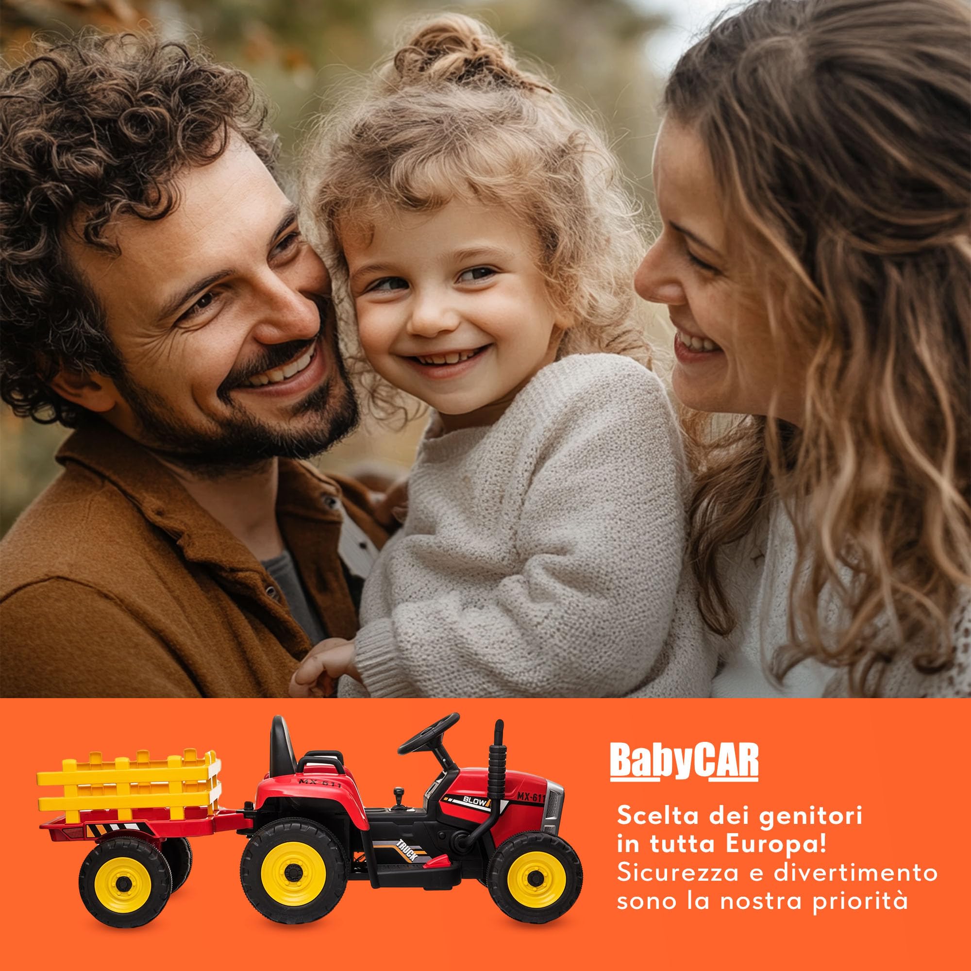 BABYCAR Trattore Elettrico per Bambini con Rimorchio (Rosso) – Macchina elettrica per Bambini, Batteria 12V, 2 motori, Trattore Elettrico con Luci e Telecomando
