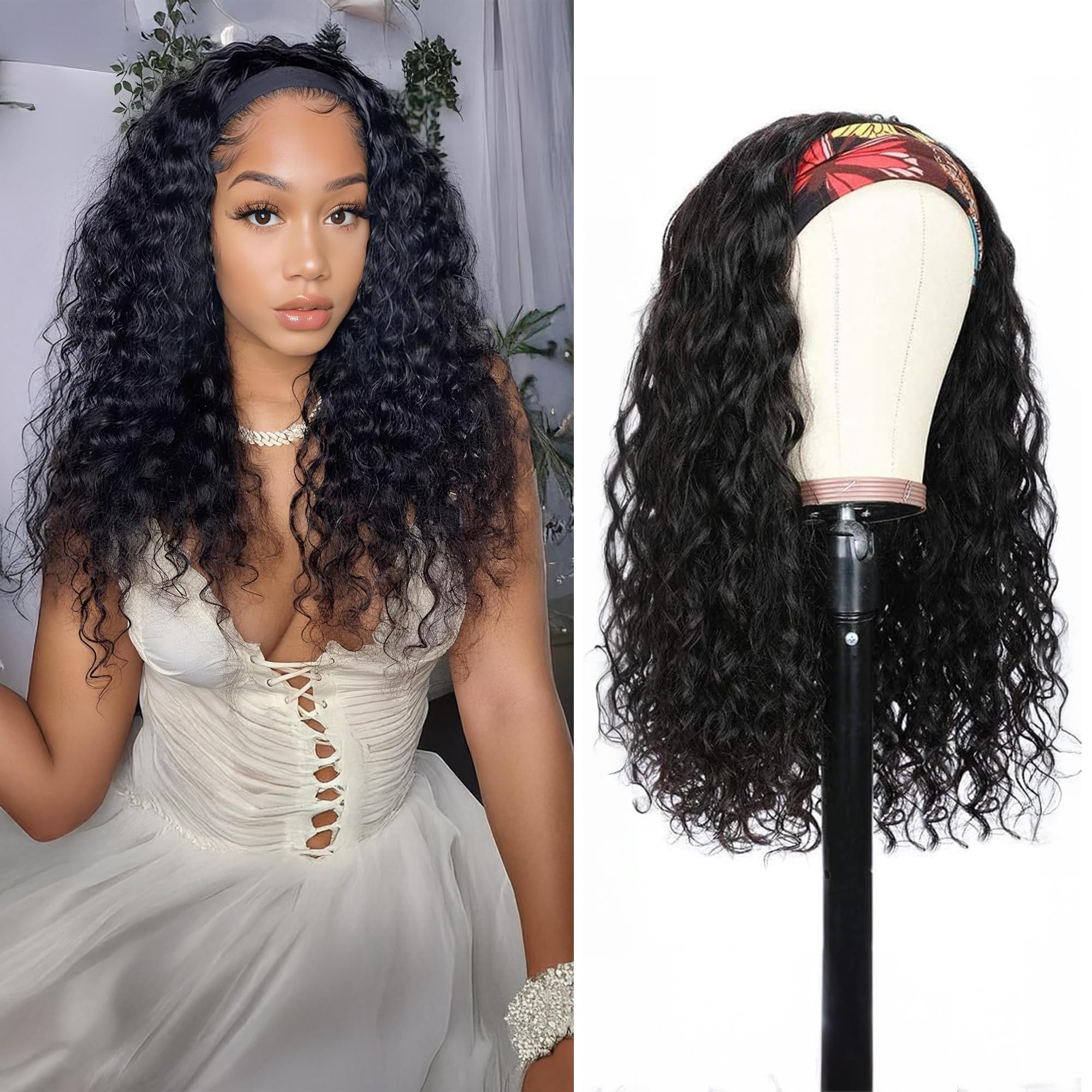 Headband Wig Human Hair For Black Women 16 Inch Wet And Wavy Headband Wigs 200% Density Human Hair No Lace Deep Curly Headband Wigs Natural Black Color