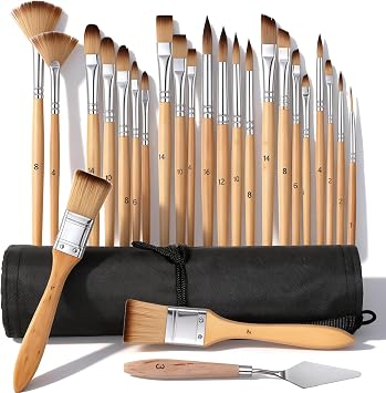 25 PCS Acrylic Paint Brush Set, Professional Paintbrushes, Expert Synthetic Nylon Bristles Paint Brush Kit with Upgraded Short Handle Wide Flat & Palette Knife for Acrylic, Oil, Watercolor, Gouache