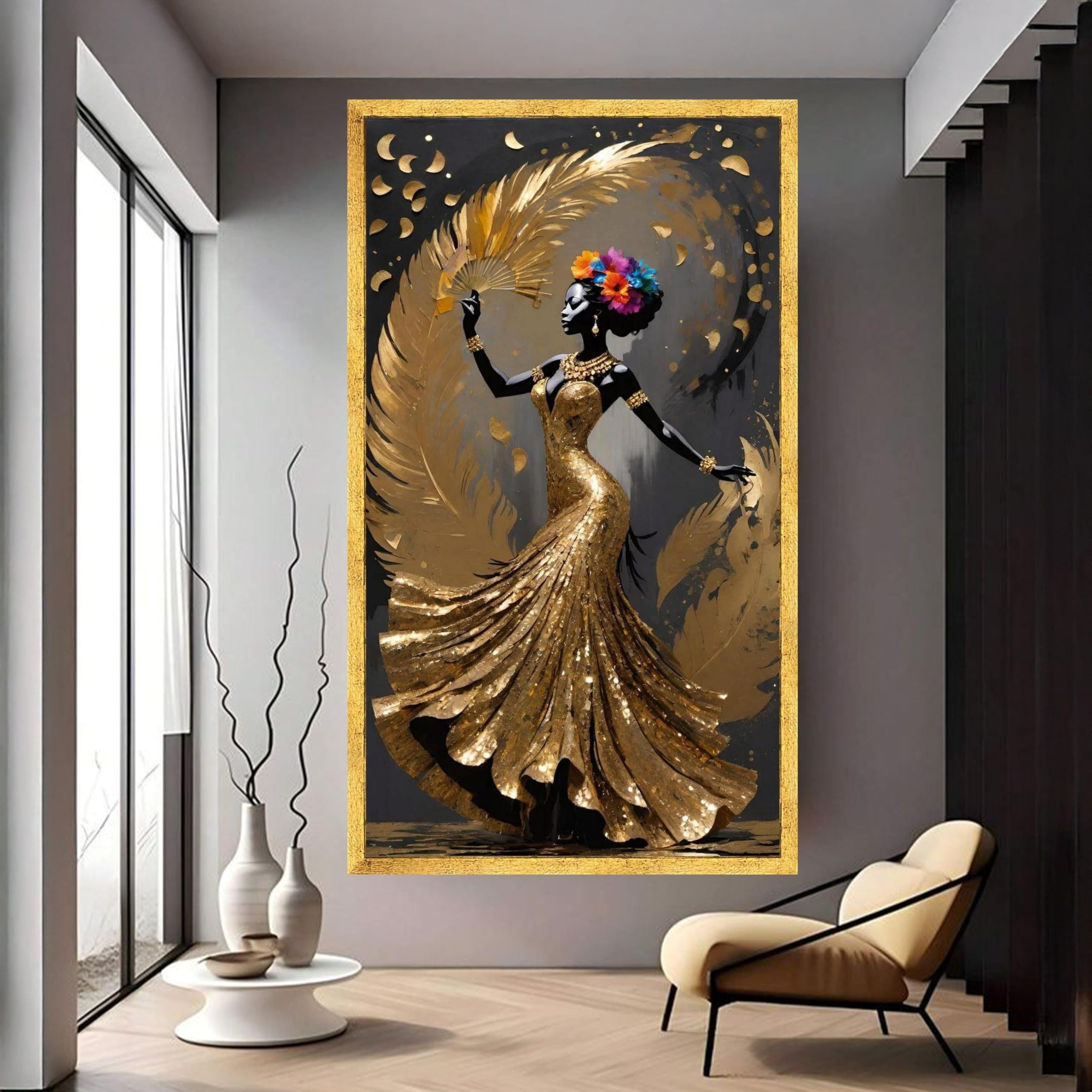 XINBAO Obraz na płótnie czarna kobieta w złotej sukience sztuka afrykańska nakrycie głowy z piórami kwiatowymi luksusowa dekoracja domu (60 x 105 cm/bez ramki)