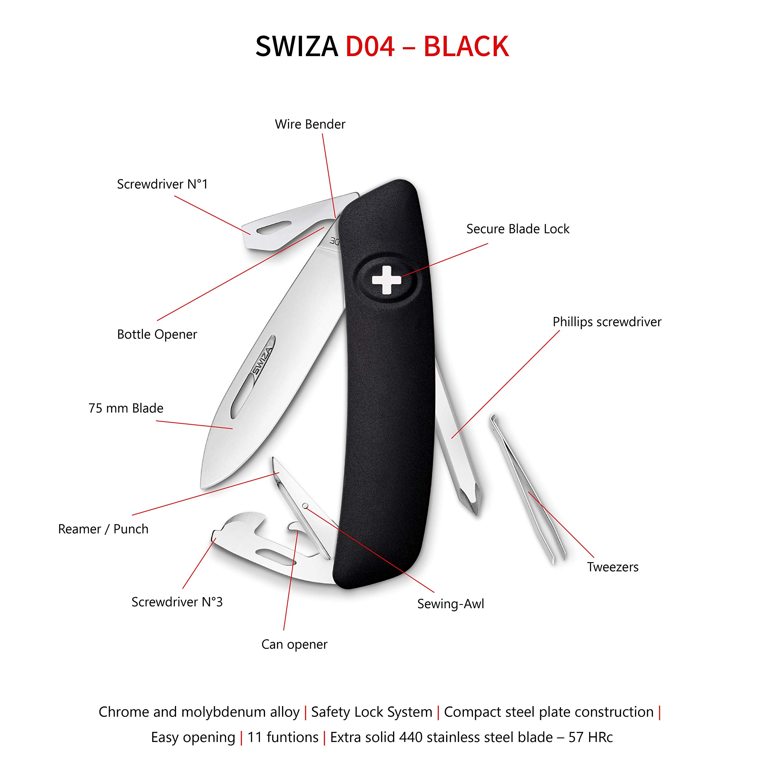 Amazon.com: Swiza KNI.0040.1010 D04 Swiss Pocket Knife Black