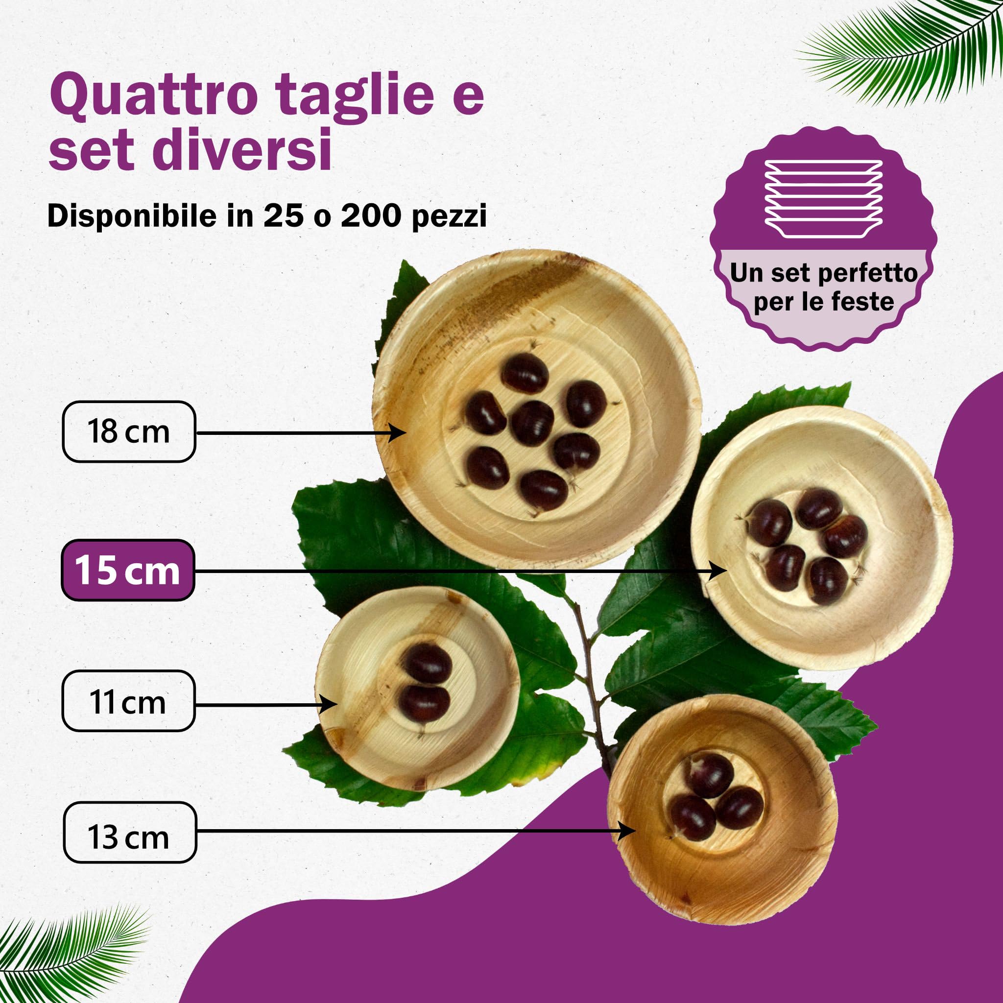 Ciotole in Foglia di Palma Ecologici - 25 Pz 15 cm / 500 ml - Stoviglie usa e getta Compostabili di Alta Qualità - Eleganti e Resistenti - Simile al Bambu - Ideale per Feste