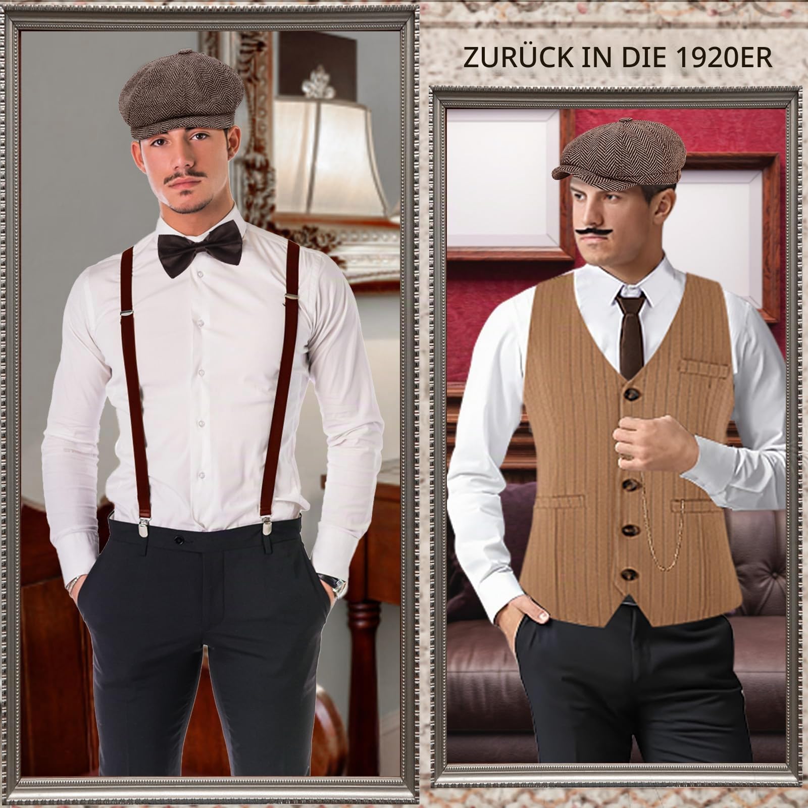 JONRRYIN 20er Jahre Kostüm Herren Accessoires, 1920er Mafia Kostüm Herren Set, 20er Jahre Herren Kleidung Zubehör mit Westen & Verschiedenen Accessoires für Halloween, Karneval Kostüm