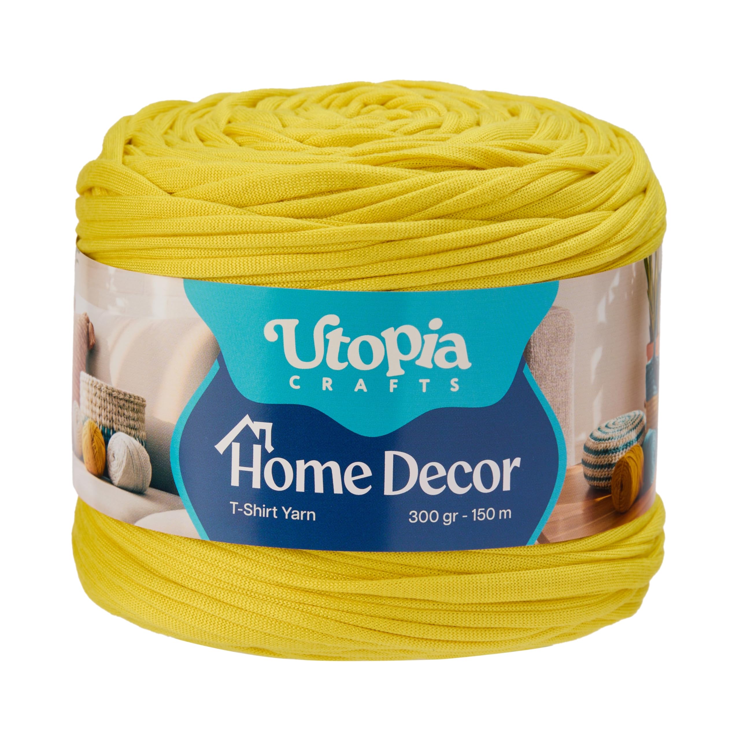 Utopia Crafts Home Decor T-Shirt Yarn for Crocheting, 300g Thick Soft Elastic Ribbon Yarn for Crochet Baskets Bags Rugs, Textile Fabric Yarn for Beginners, Home Decor, 5-7mm Hook (Lemon Yellow)