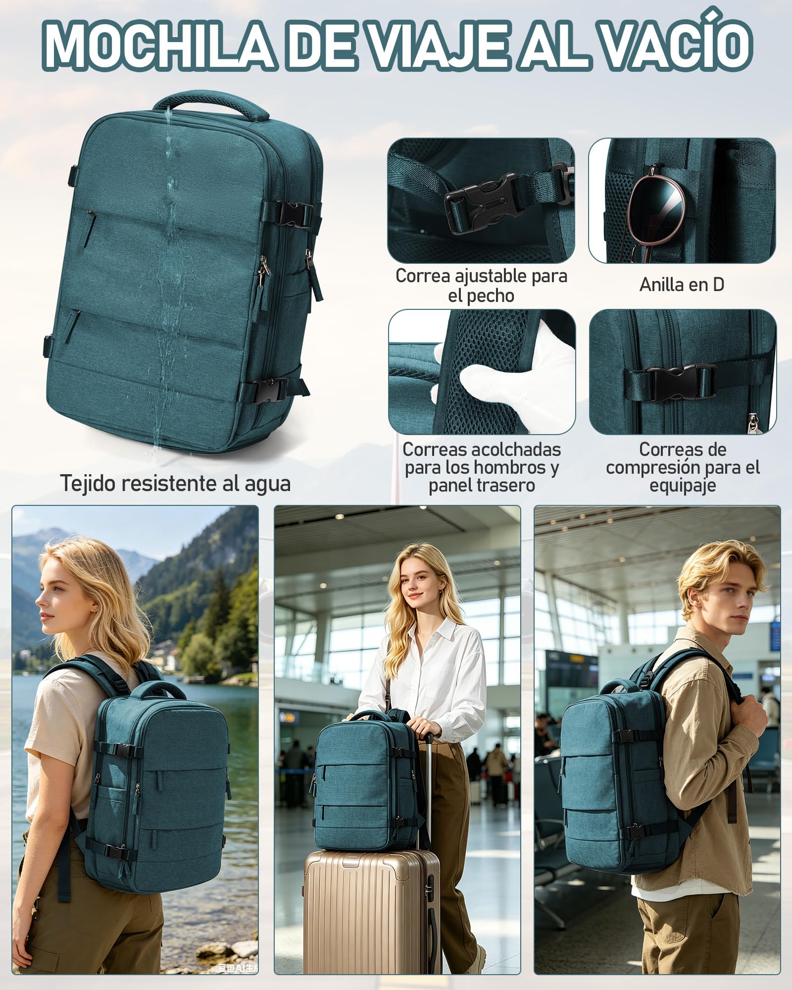 suradar Mochila al Vacío Viaje con Bomba Integrada Mochilas Cabina Avion 40x20x30 Ryanair Wizzair Eurowings Vueling Mochila Compresion al Vacio con Bomba Equipaje de Mano 40x30x20 Azul Pavo Real