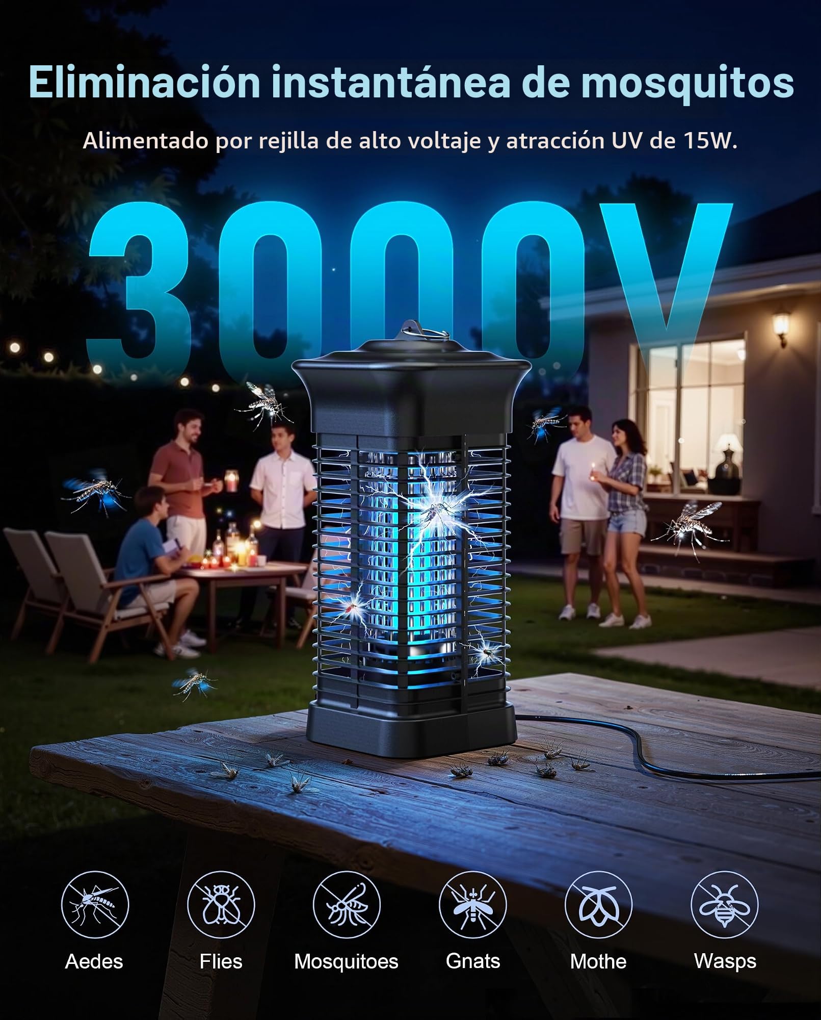 Lámpara Antimosquitos, 4200V UV Mata Mosquitos Electrico, Lampara Antimosquitos Exterior Interior, IPX4 Impermeable, Adecuado para Jardines, Salas de Estar, Camping Etc., Cable de 1,5 m